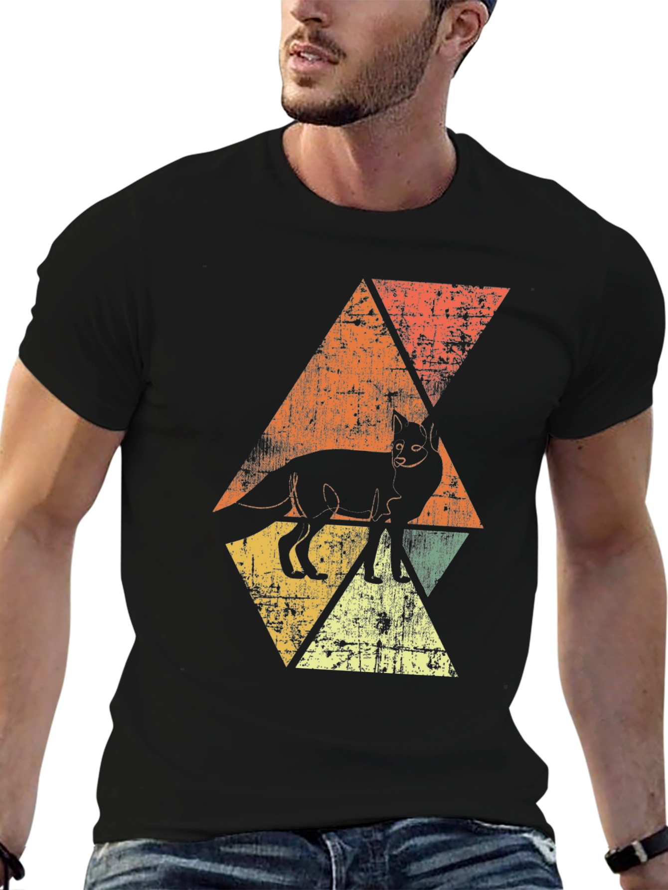 Retro Fox Graphic Tee - Distressed Triangle Design