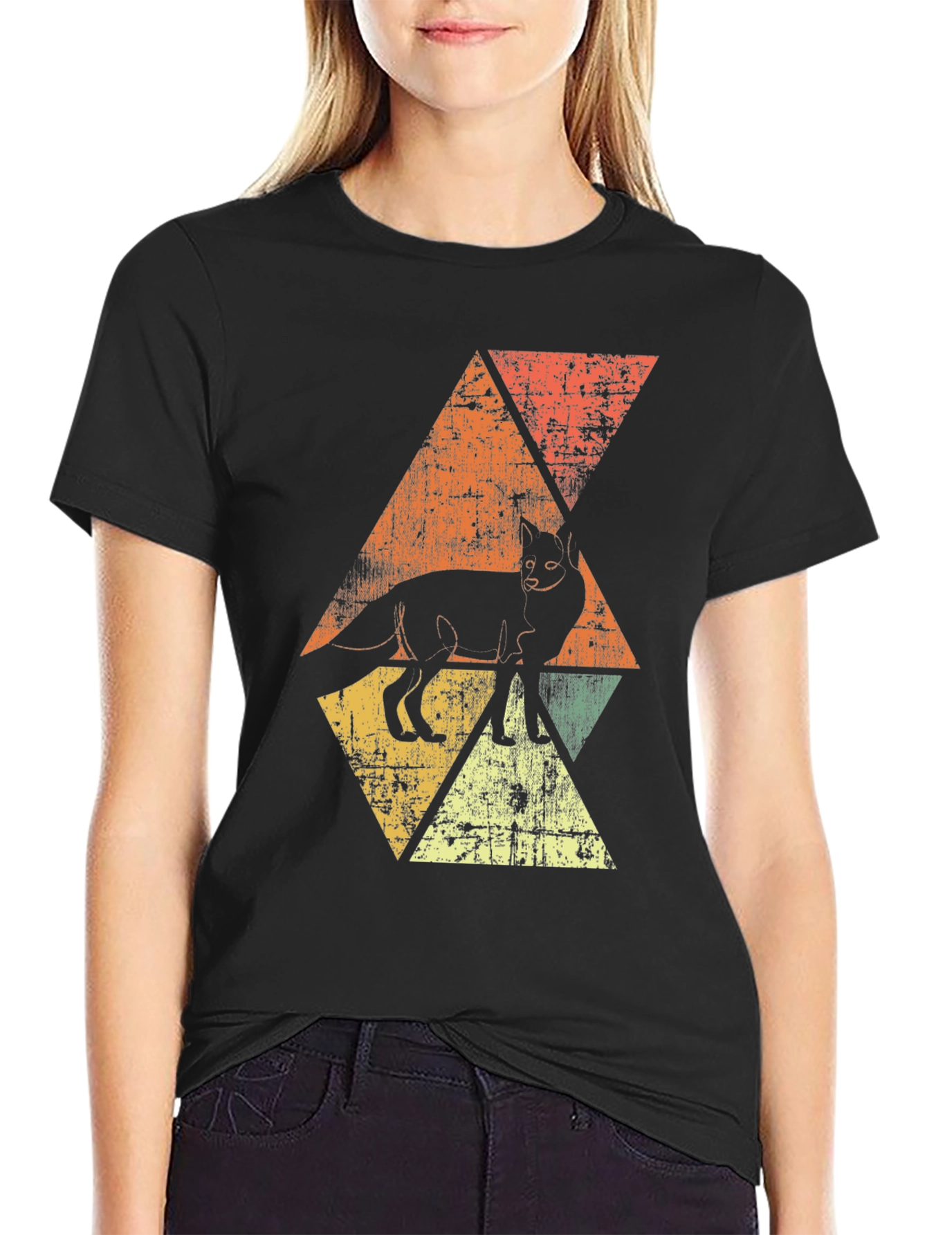 Retro Fox Graphic Tee - Distressed Triangle Design