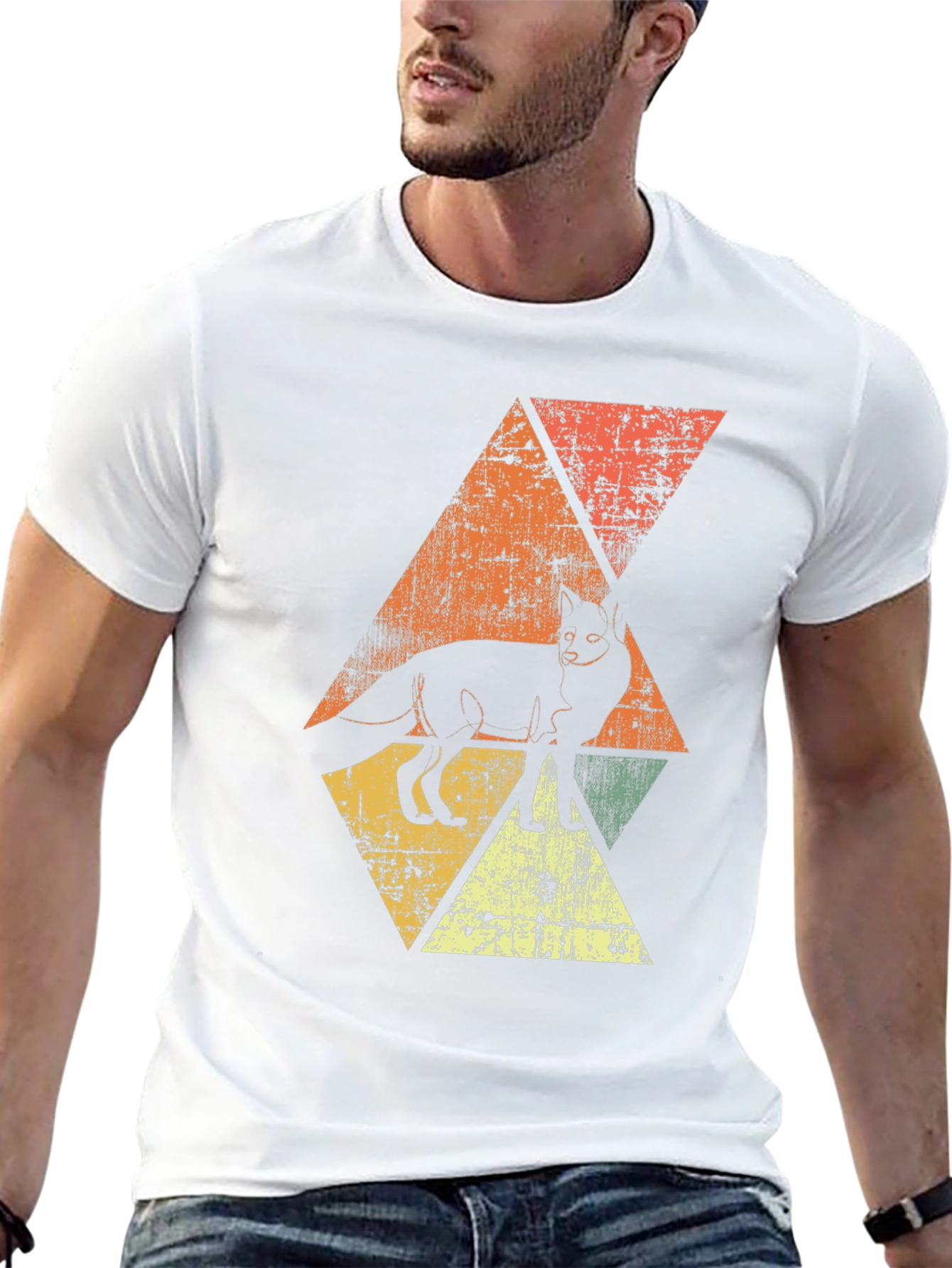 Retro Fox Graphic Tee - Distressed Triangle Design
