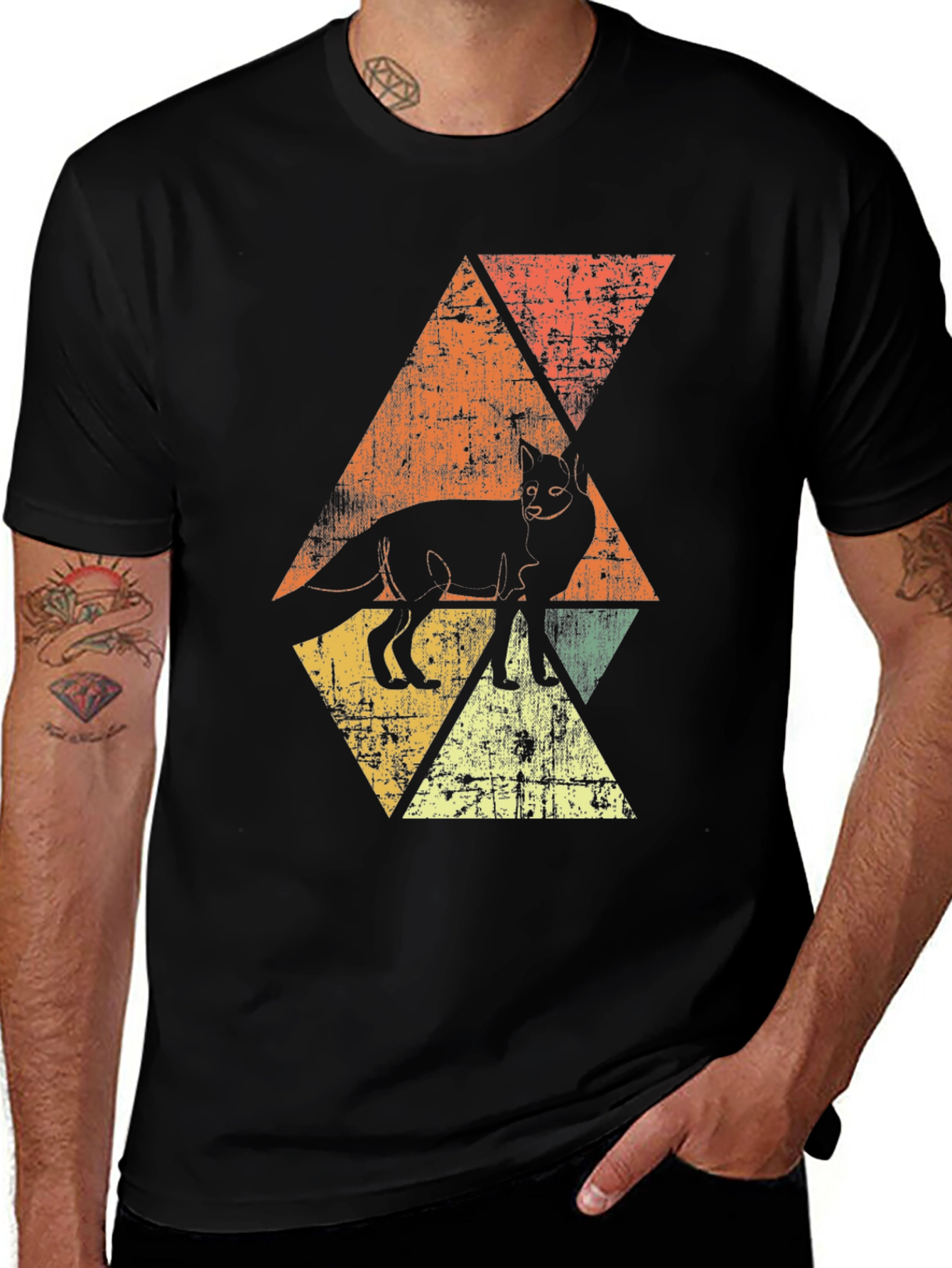 Retro Fox Graphic Tee - Distressed Triangle Design