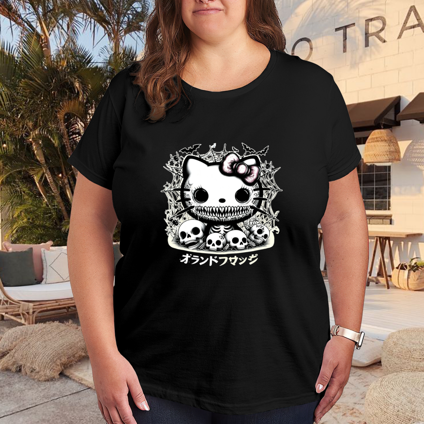 Gothic Spooky Hello Kitty Skull Art Plus?Size Black Tee