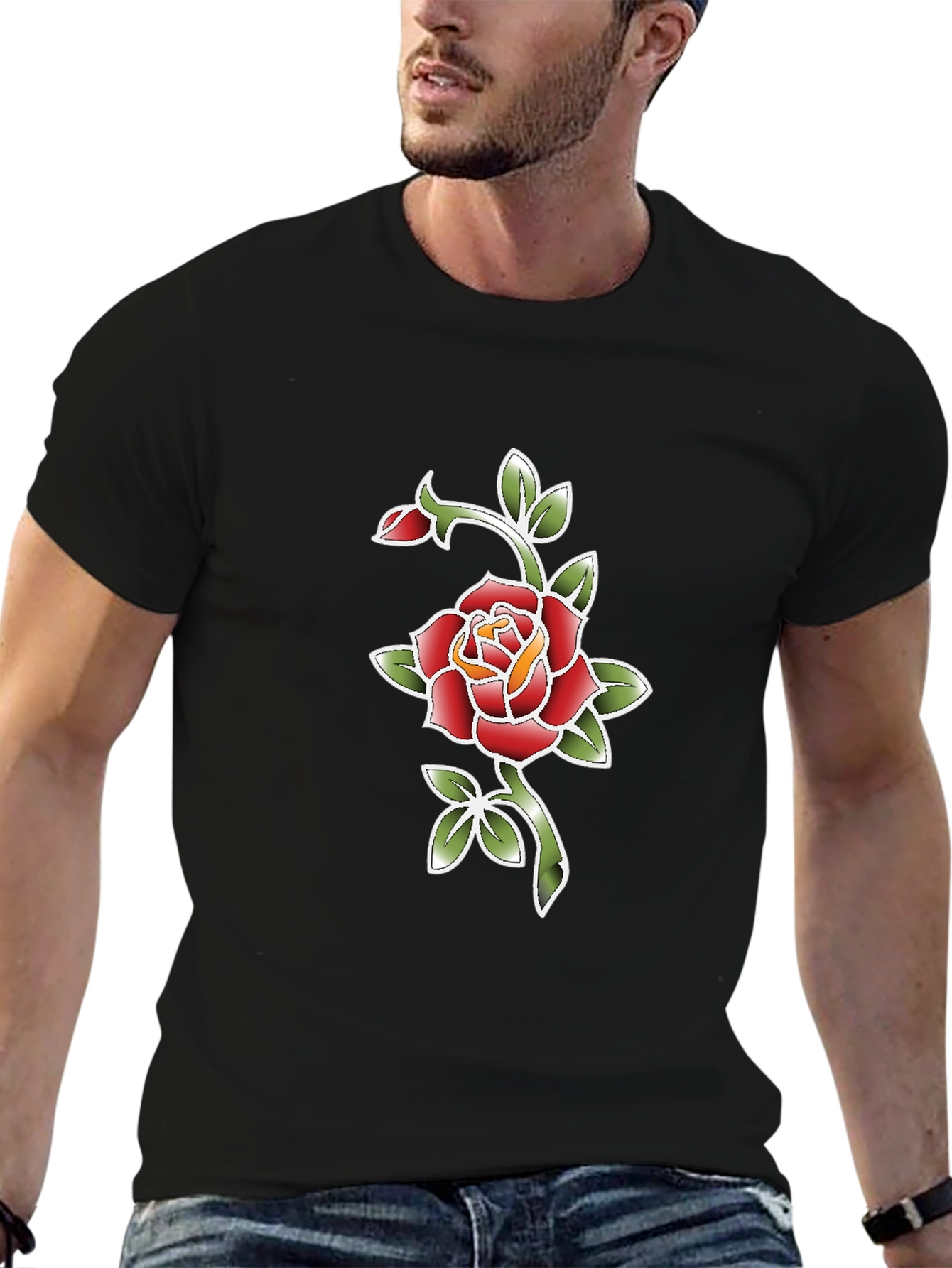 Black T-Shirt with Rose Graphic