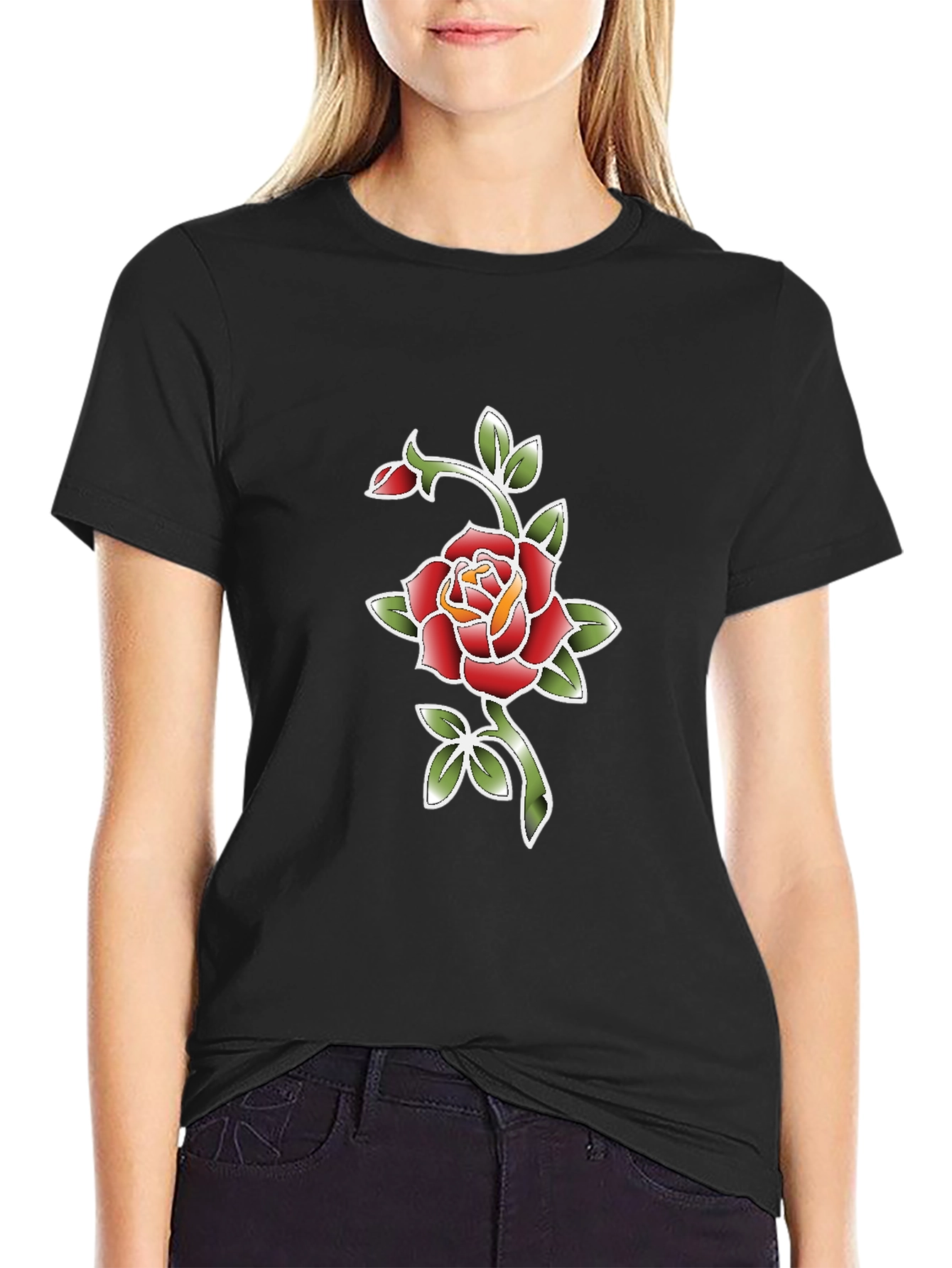 Black T-Shirt with Rose Graphic