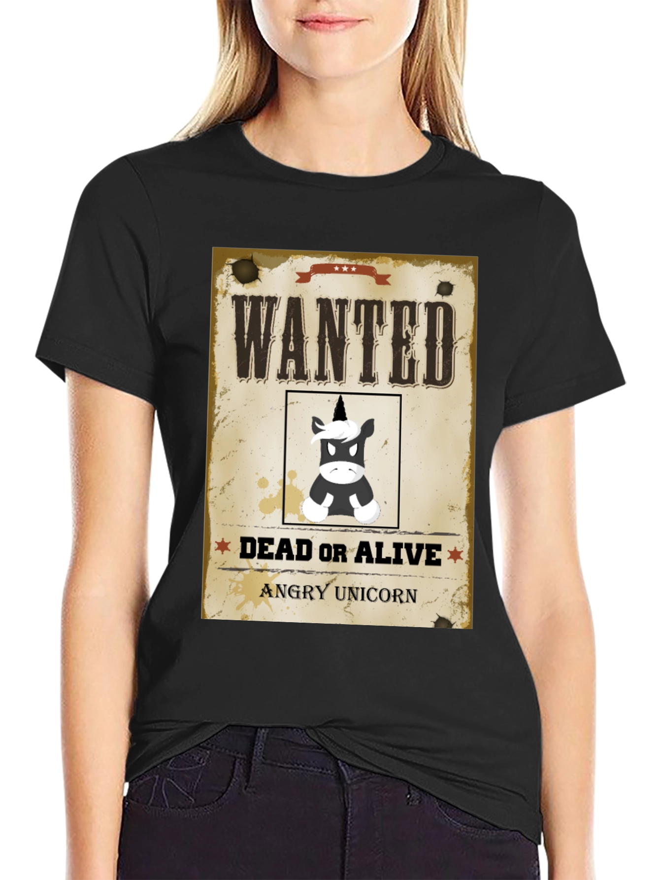 Wanted Angry Unicorn Funny Graphic T-Shirt