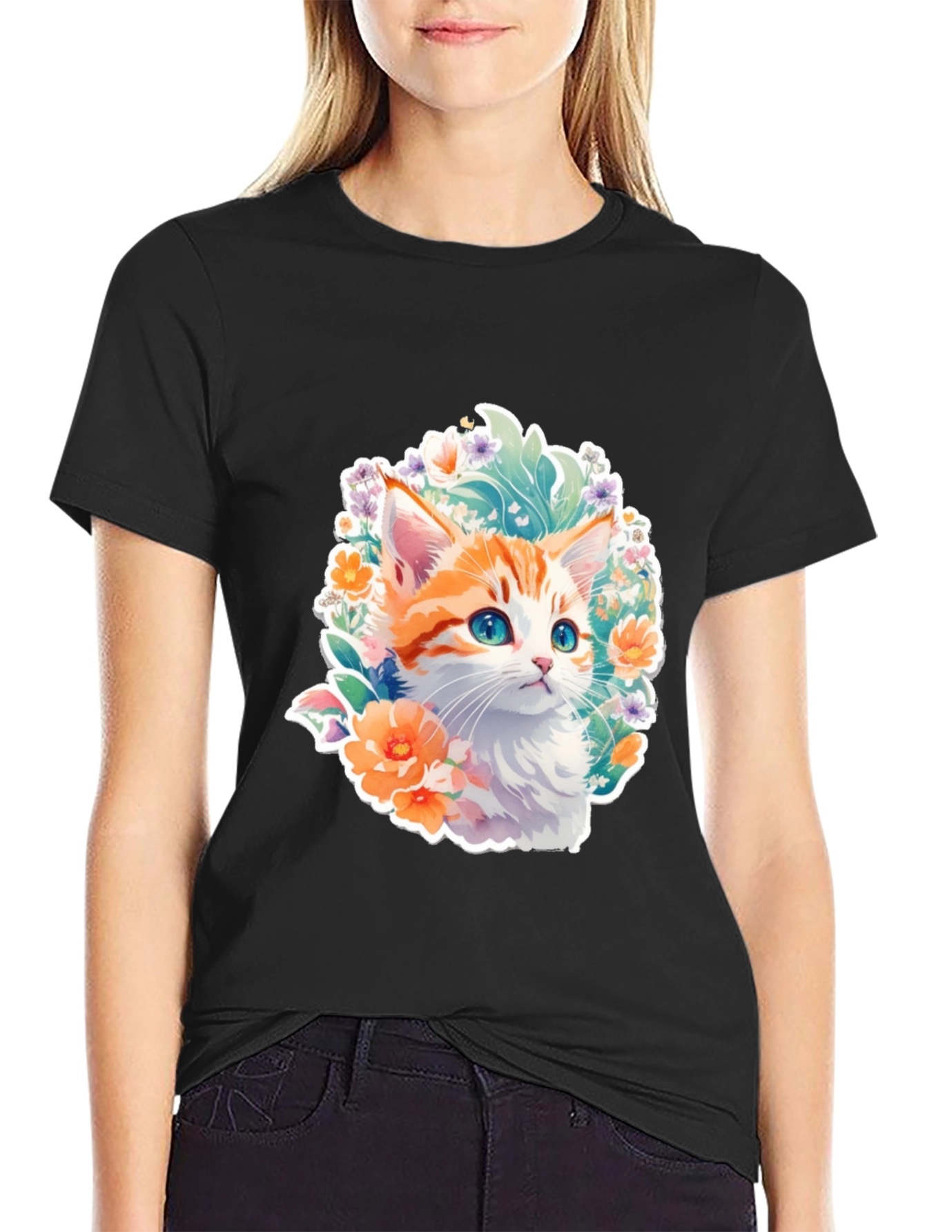 Floral Kitten Graphic Tee - Cute Cat T-Shirt