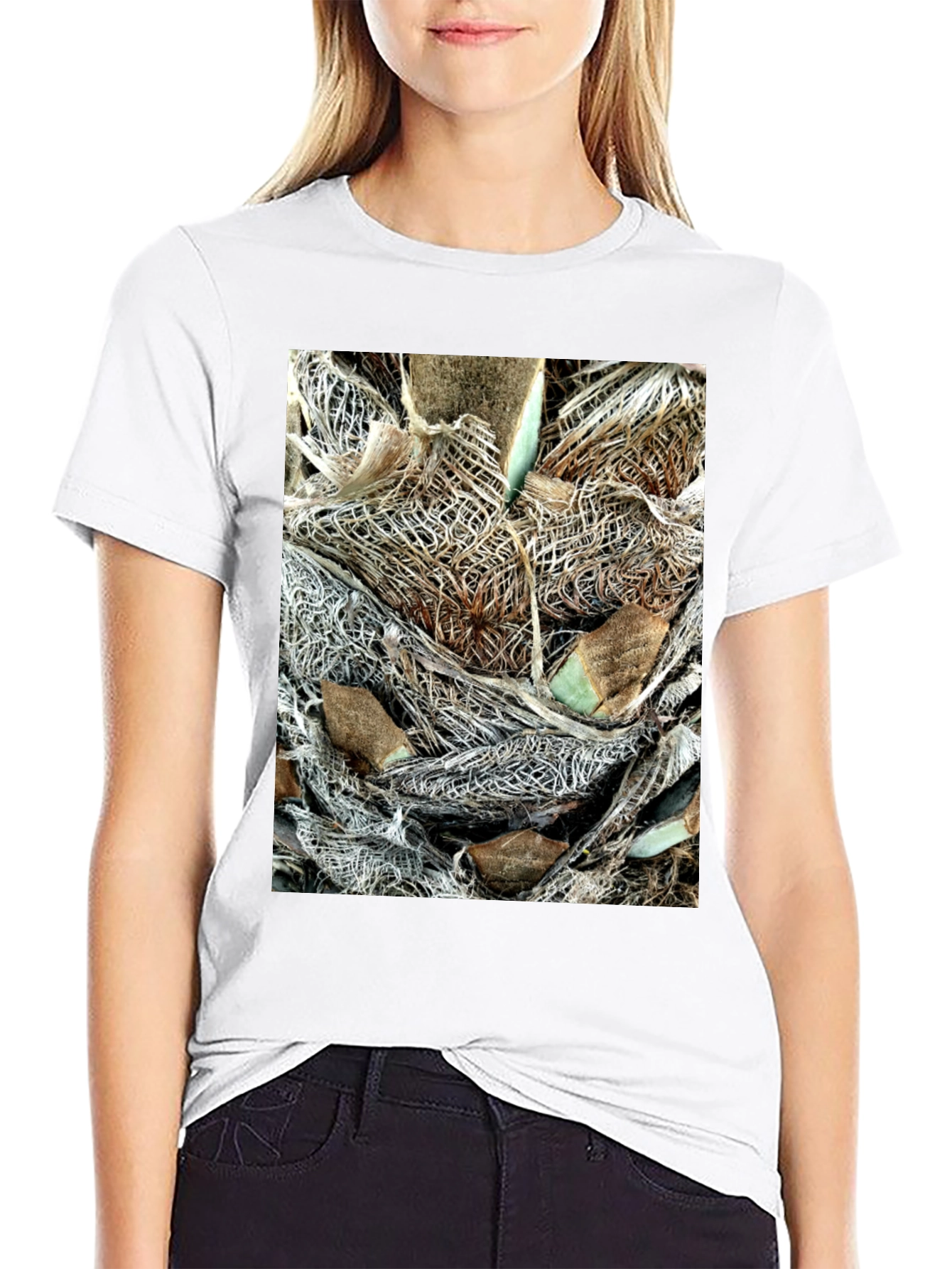 Textured Palm Bark Print Black T-Shirt