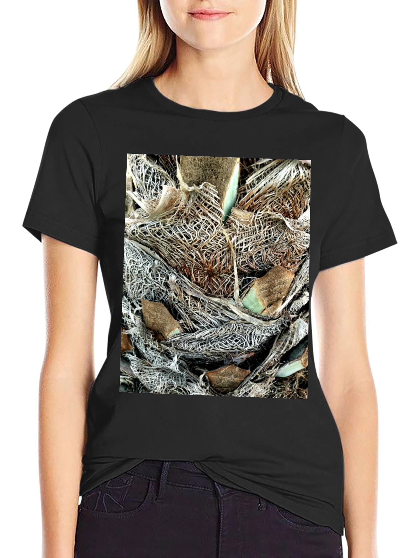 Textured Palm Bark Print Black T-Shirt