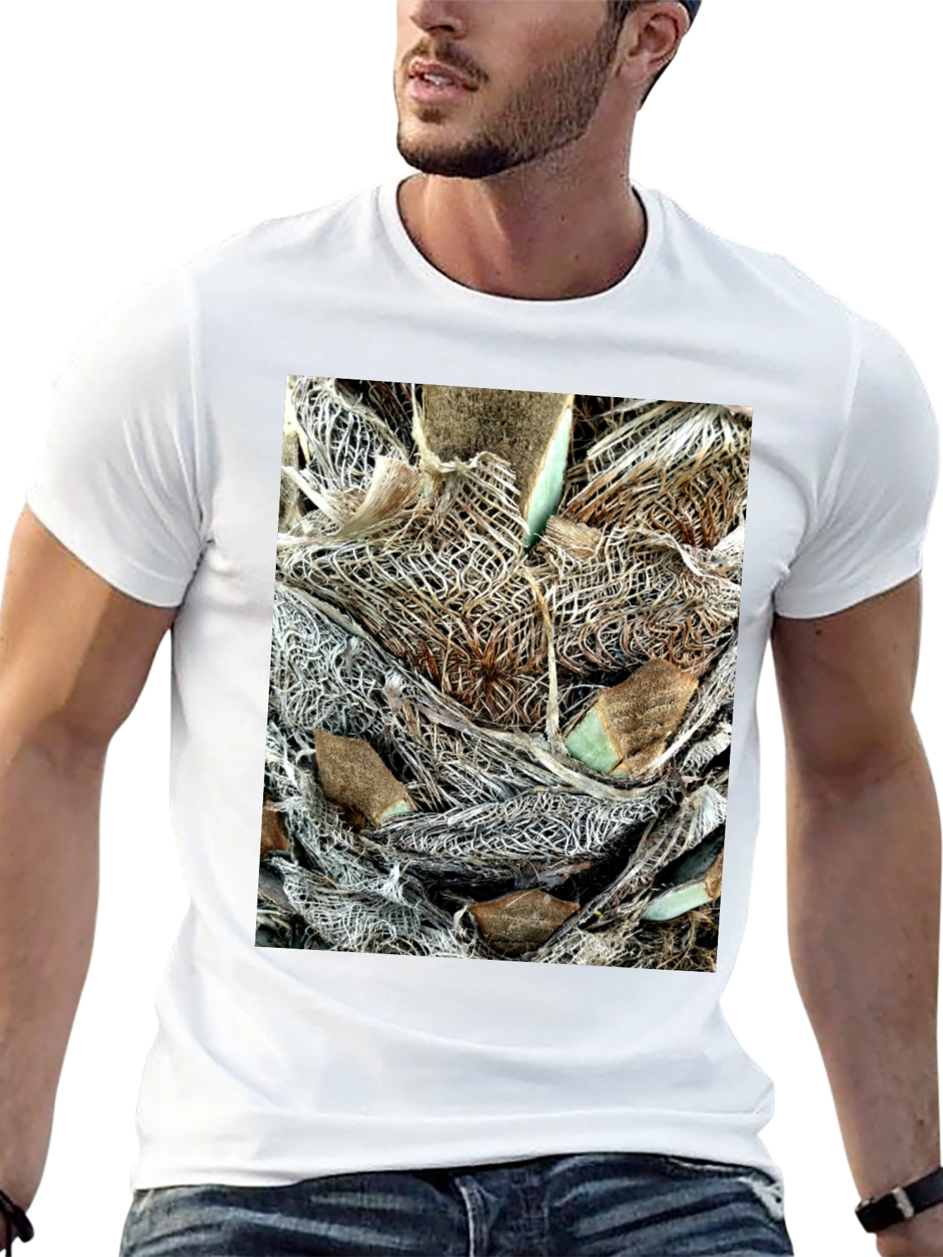 Textured Palm Bark Print Black T-Shirt