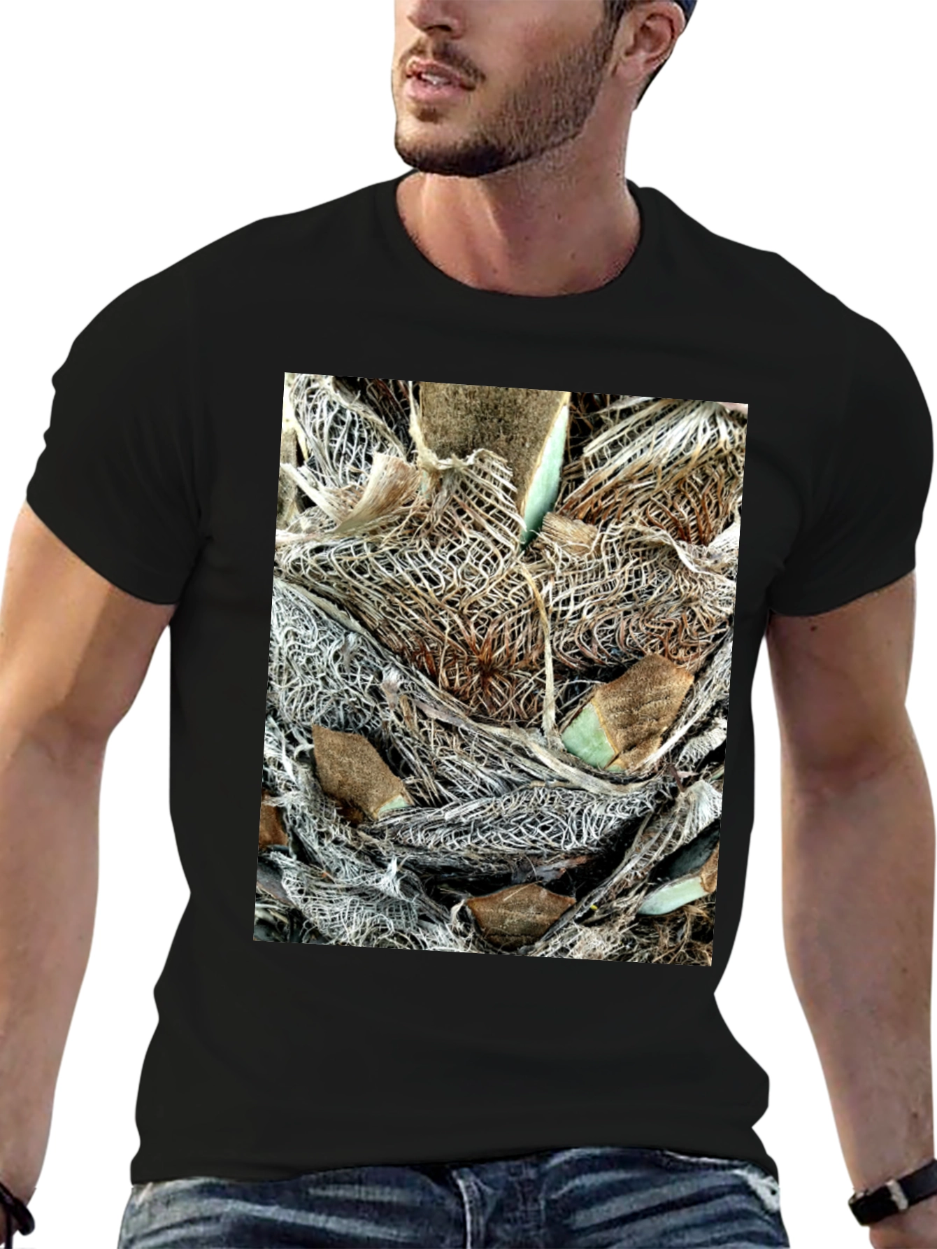 Textured Palm Bark Print Black T-Shirt