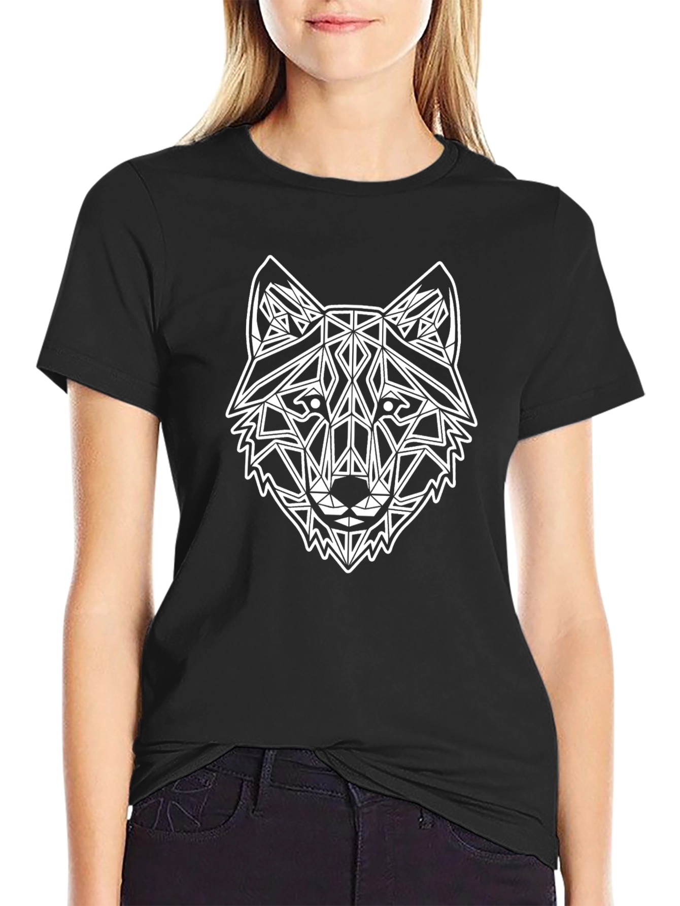Geometric Wolf Head Graphic Black T-Shirt