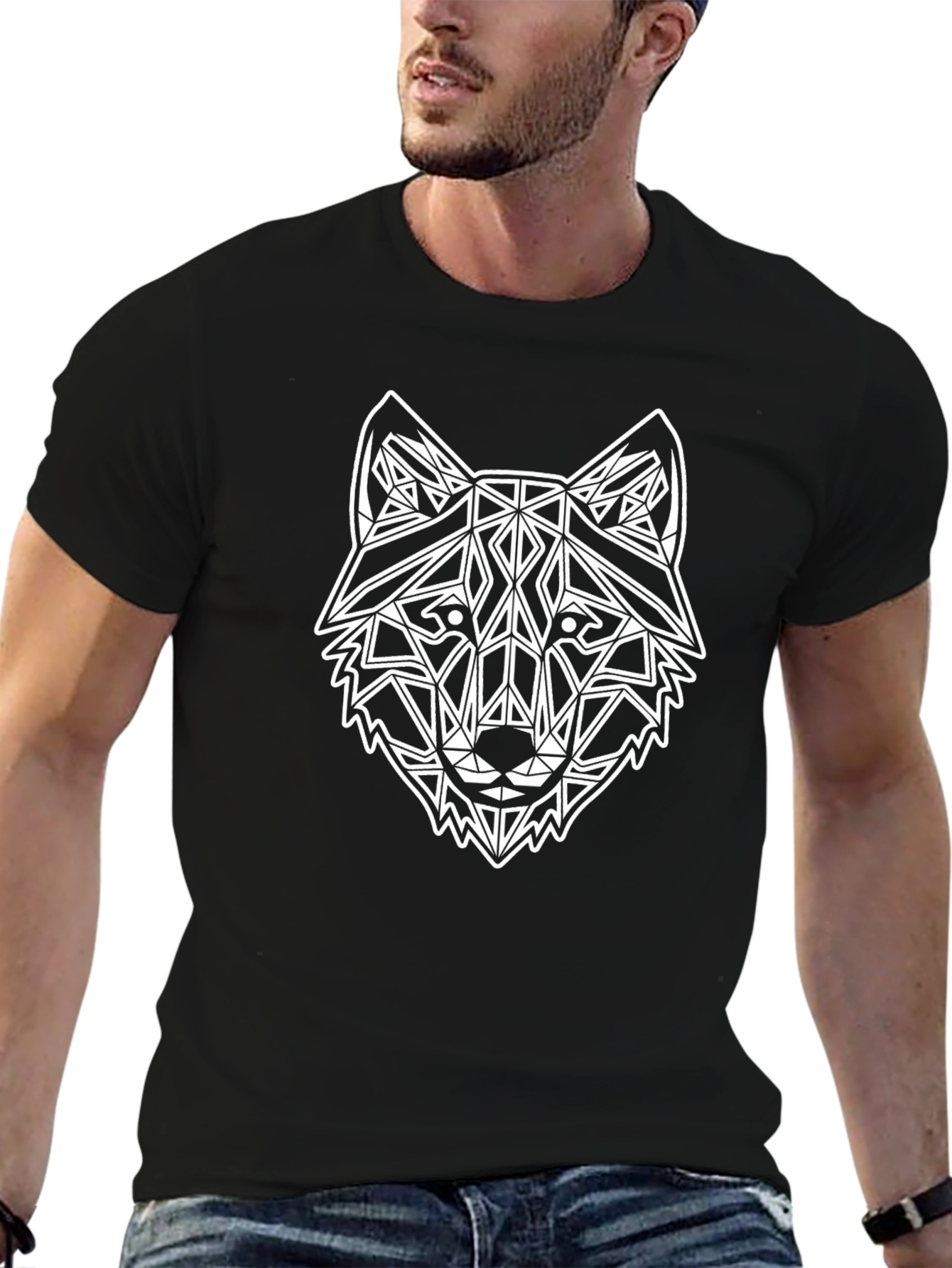 Geometric Wolf Head Graphic Black T-Shirt