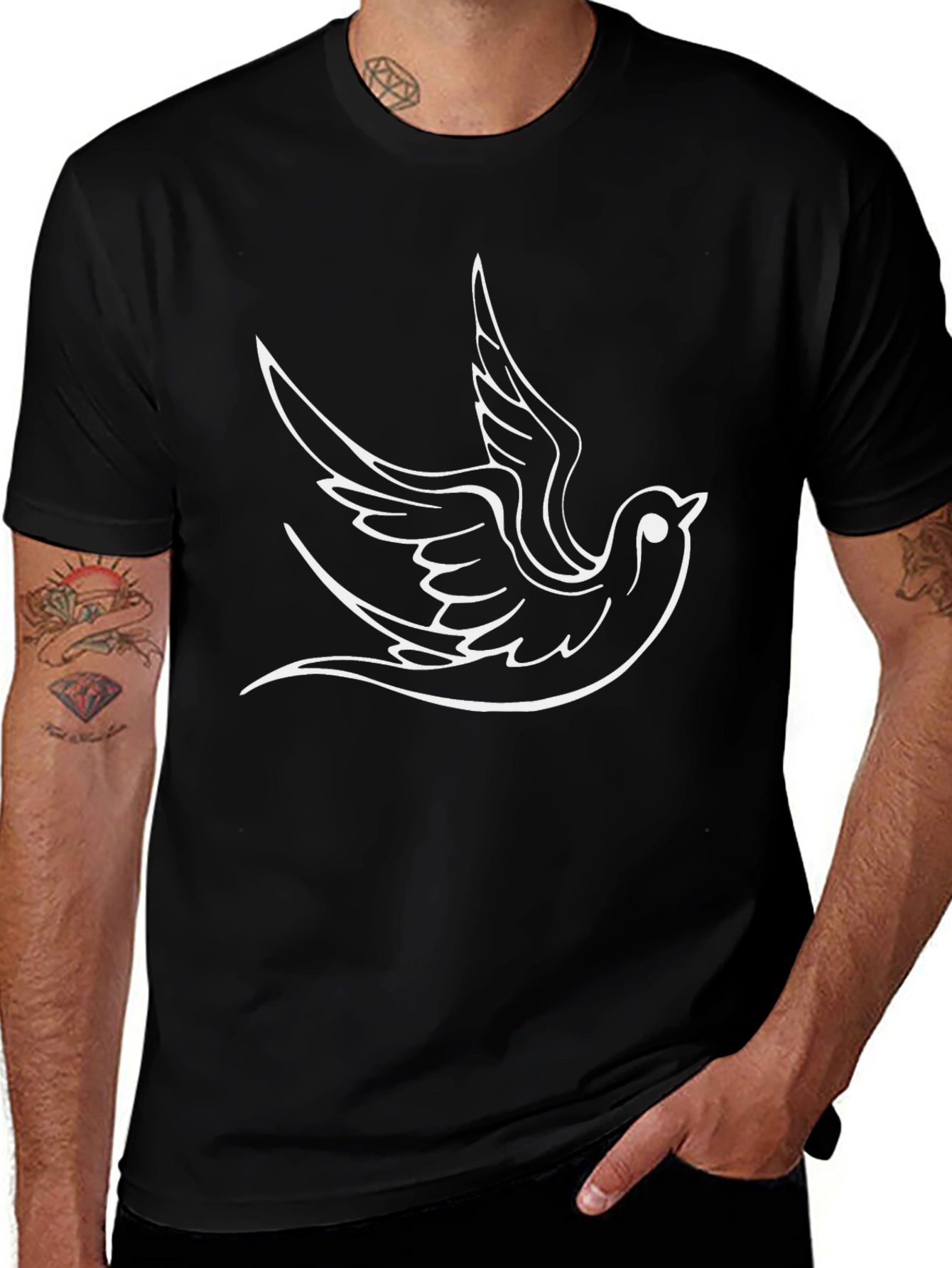 Stylish Black T-Shirt with Dove Design