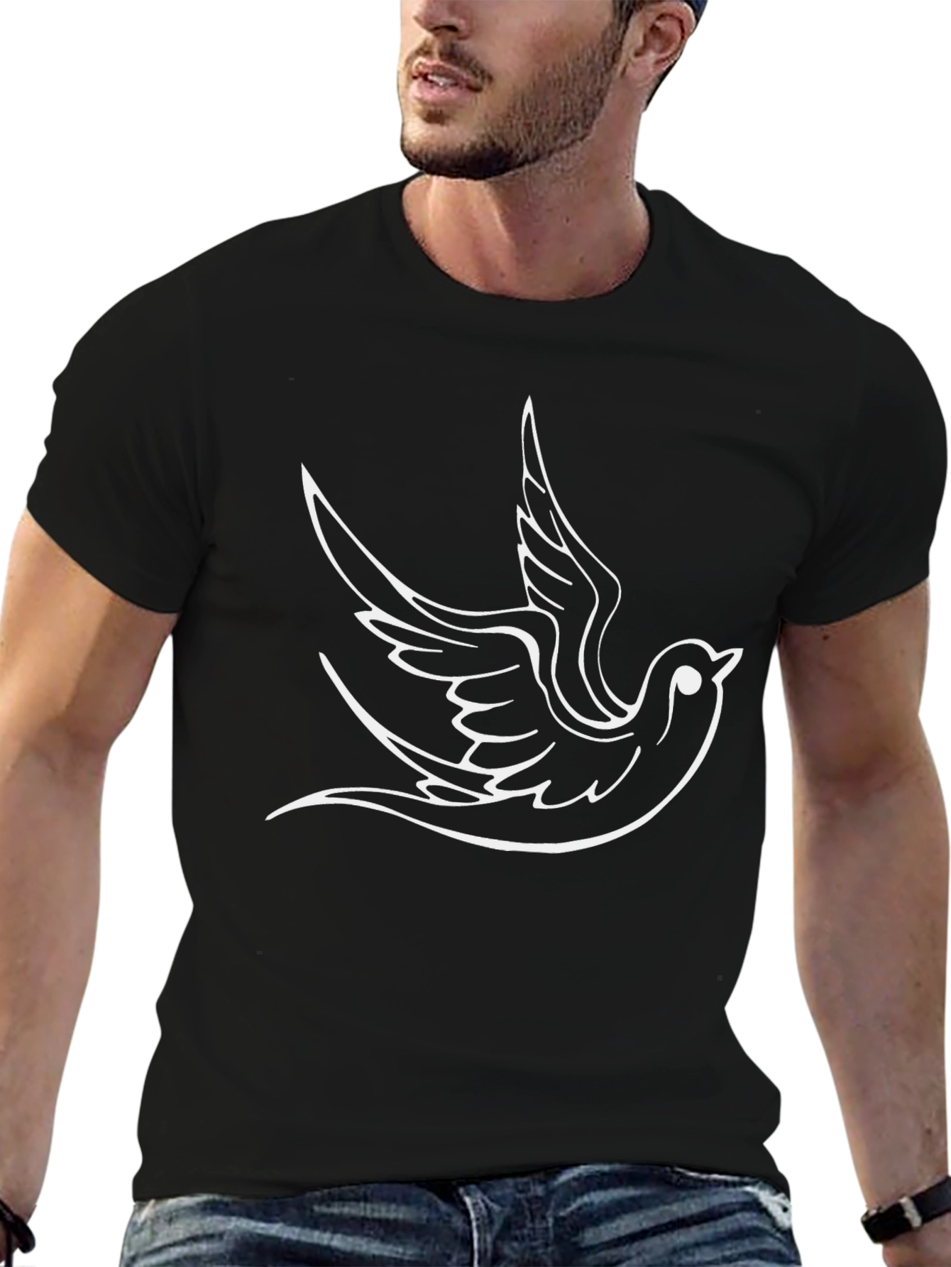 Stylish Black T-Shirt with Dove Design