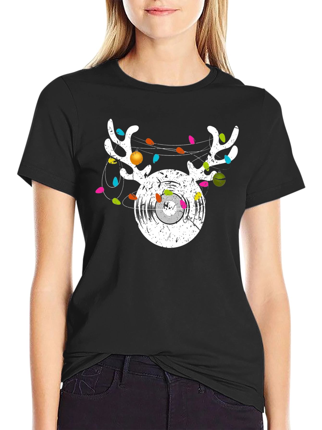 Reindeer Vinyl Record Christmas Graphic T-Shirt