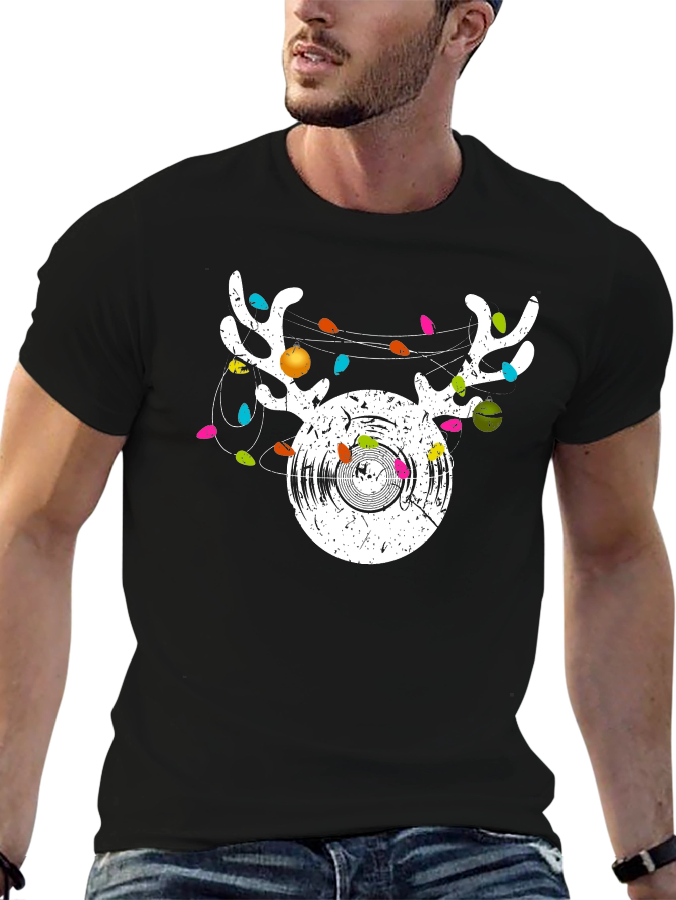 Reindeer Vinyl Record Christmas Graphic T-Shirt