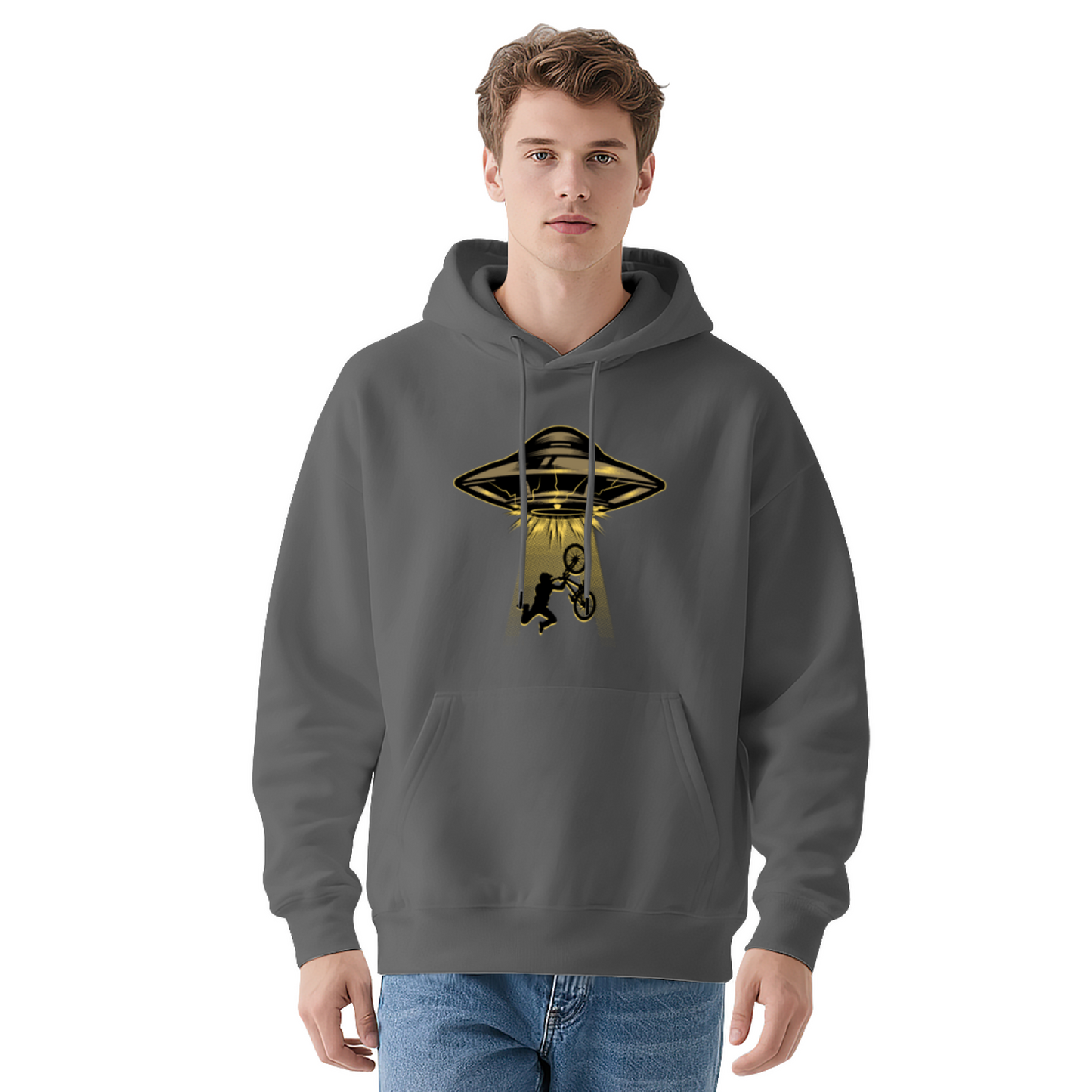 UFO Abduct BMX Bike Vintage Print Men Hoodie, Cozy Street Comfort