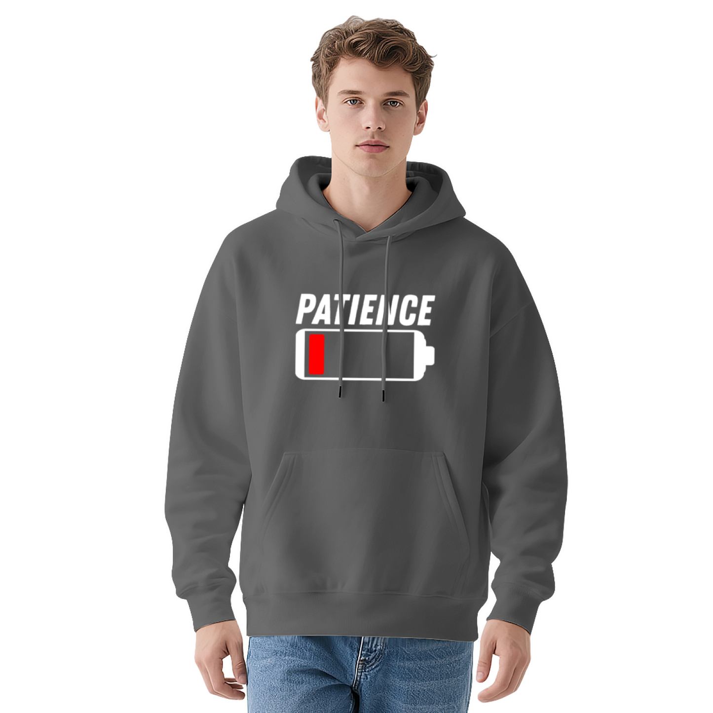 Patience Low Battery Funny Battery Print Grey Hoodie, Unisex Comfy Casual Sweatshirt