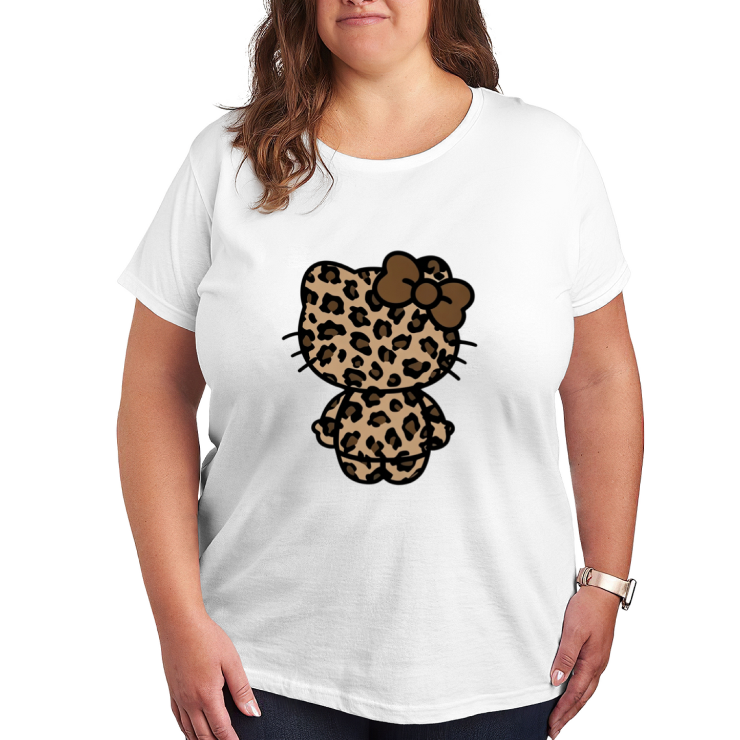 Trendy Leopard?Print Hello Kitty Back View Plus Size Women Tee