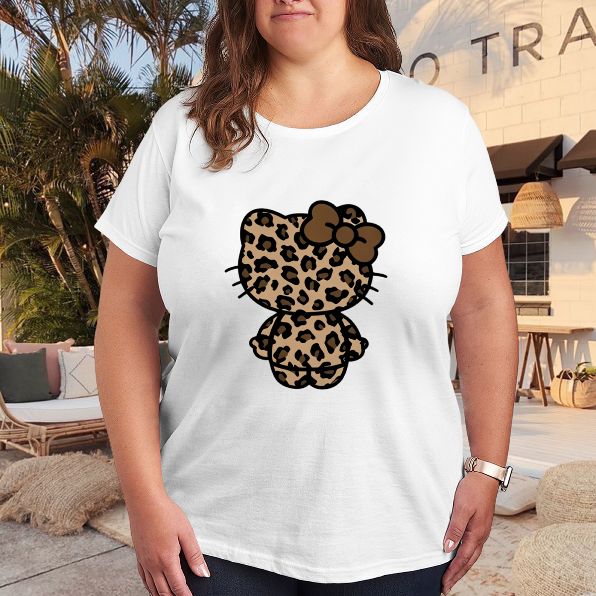 Trendy Leopard?Print Hello Kitty Back View Plus Size Women Tee