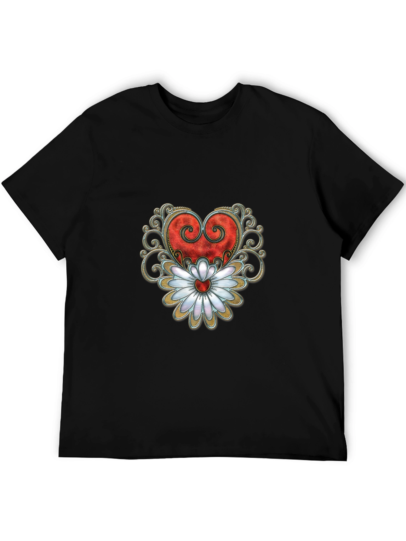 Heart & Flower Graphic Tee - Stylish Black T-Shirt