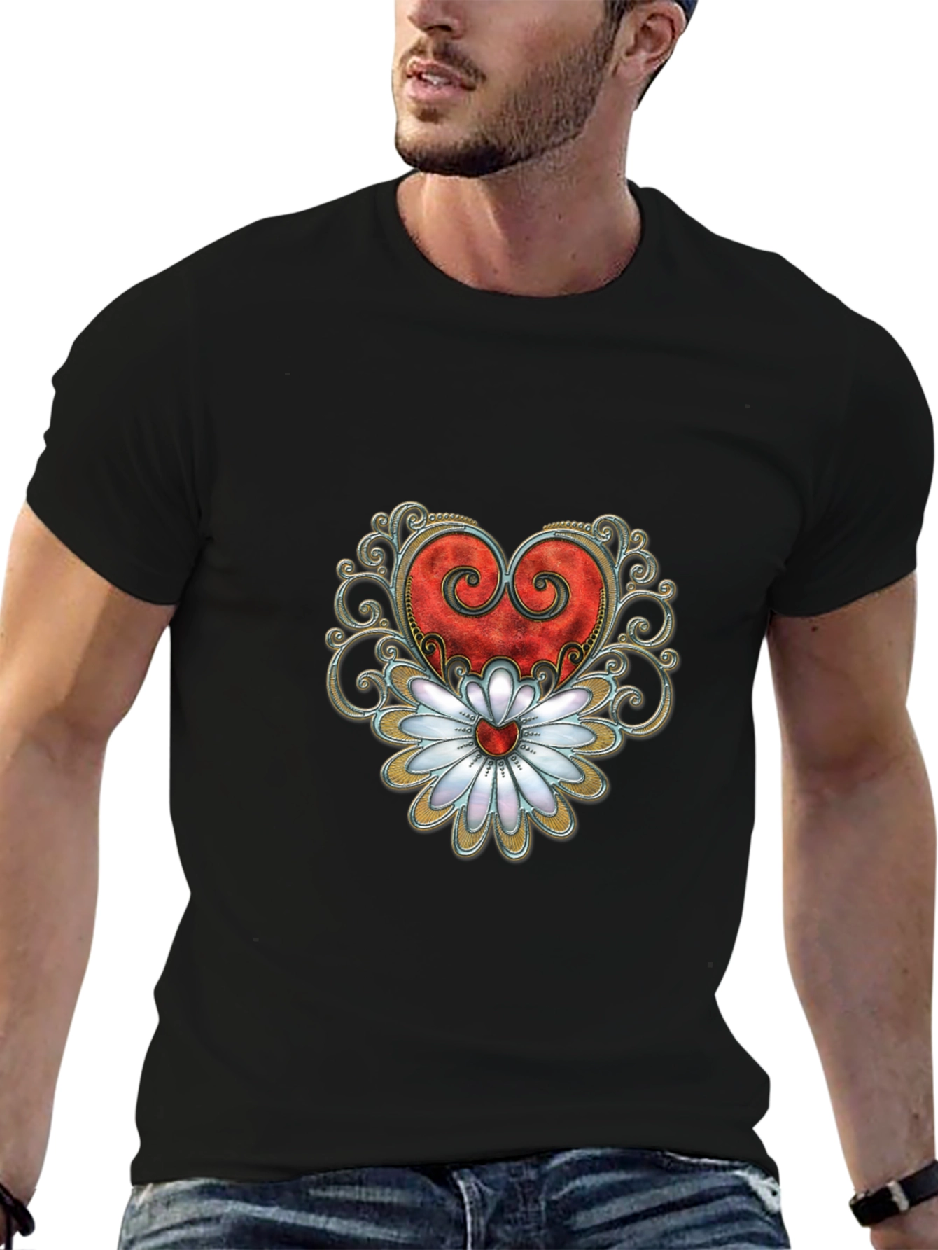 Heart & Flower Graphic Tee - Stylish Black T-Shirt