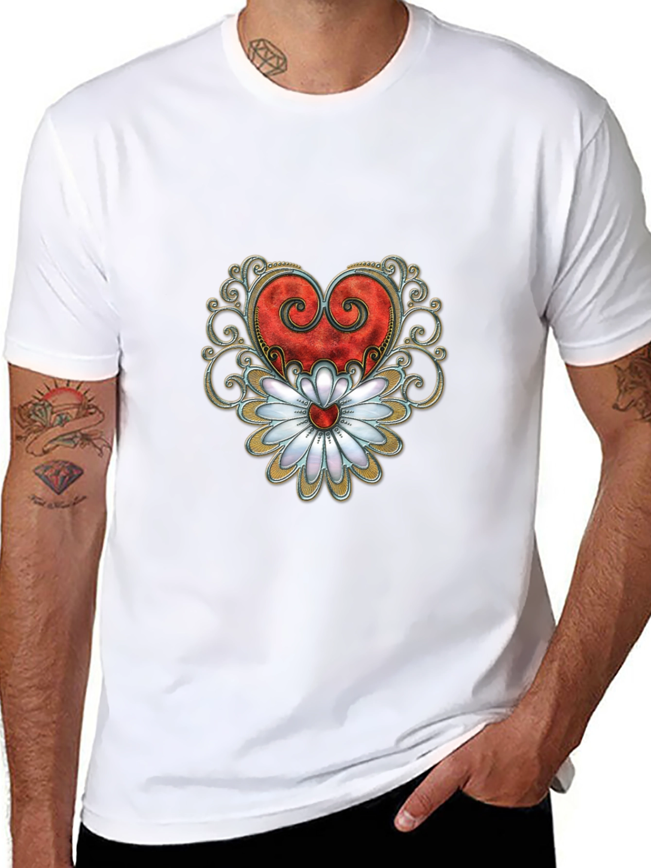 Heart & Flower Graphic Tee - Stylish Black T-Shirt