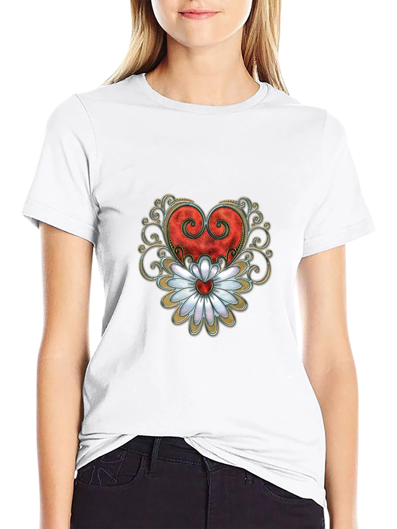 Heart & Flower Graphic Tee - Stylish Black T-Shirt