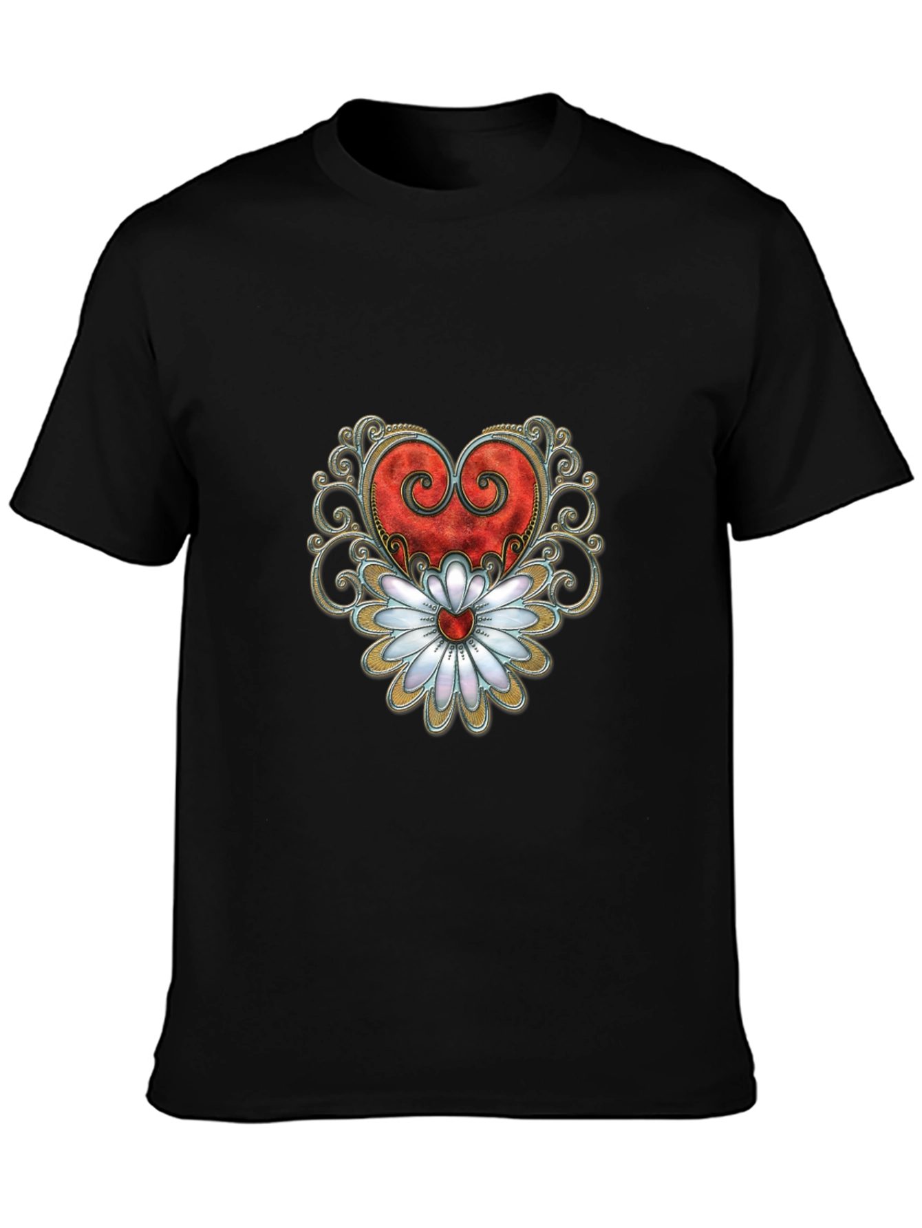 Heart & Flower Graphic Tee - Stylish Black T-Shirt