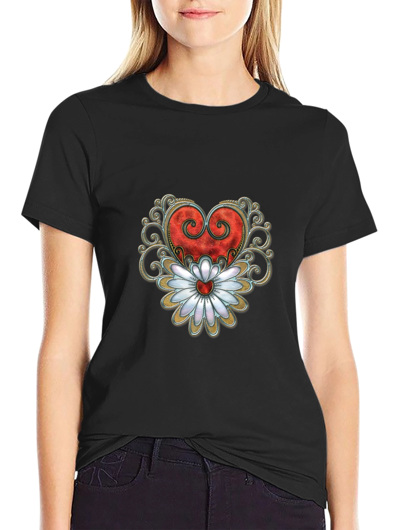 Heart & Flower Graphic Tee - Stylish Black T-Shirt