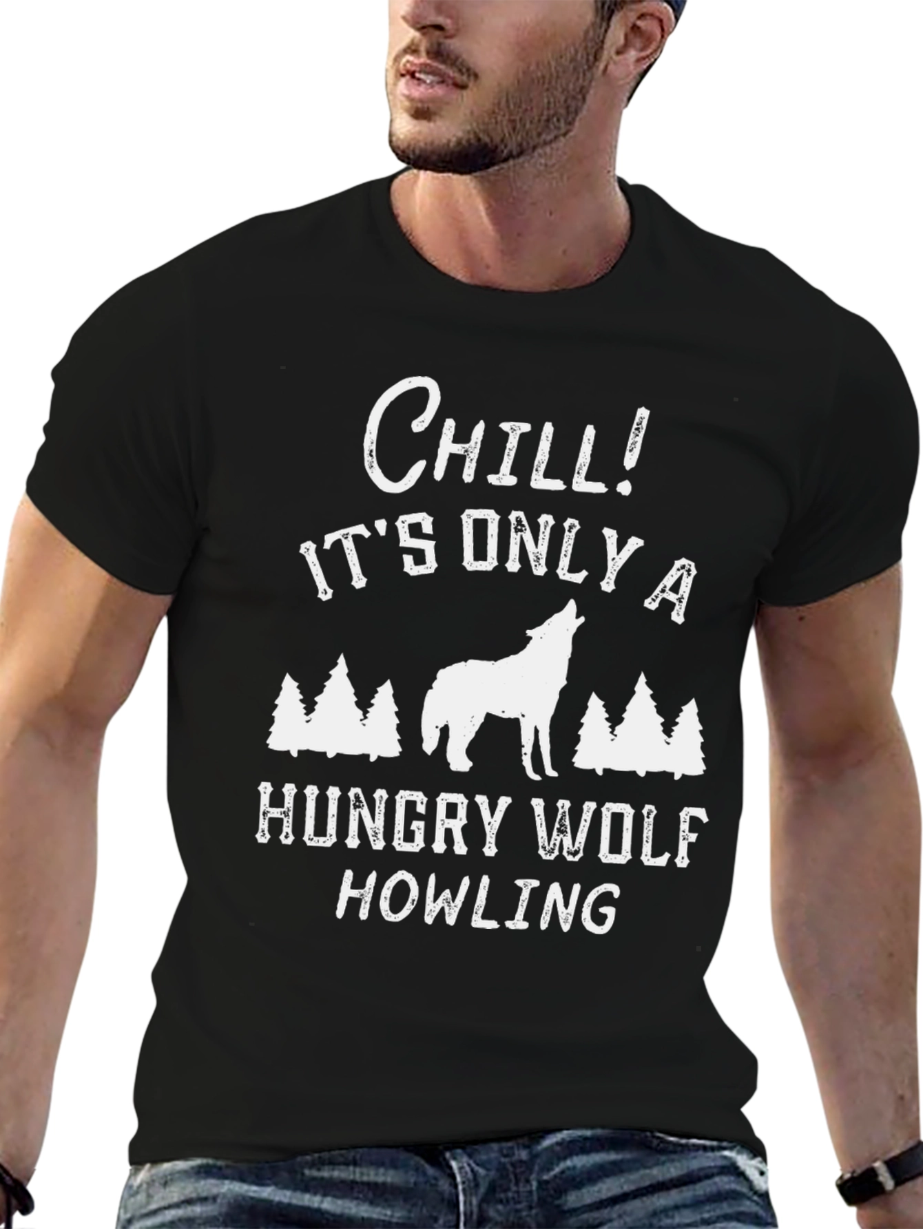 Chill Hungry Wolf Howling Mens Graphic Tee