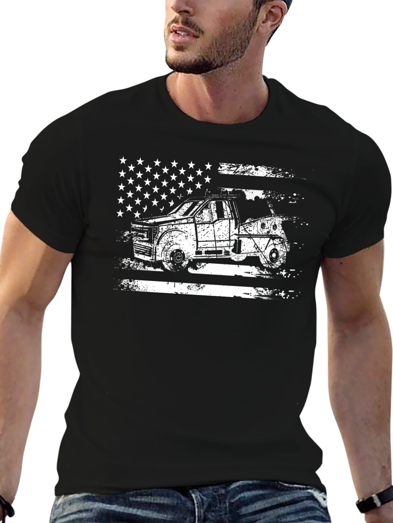 American Flag Tow Truck Black T-Shirt
