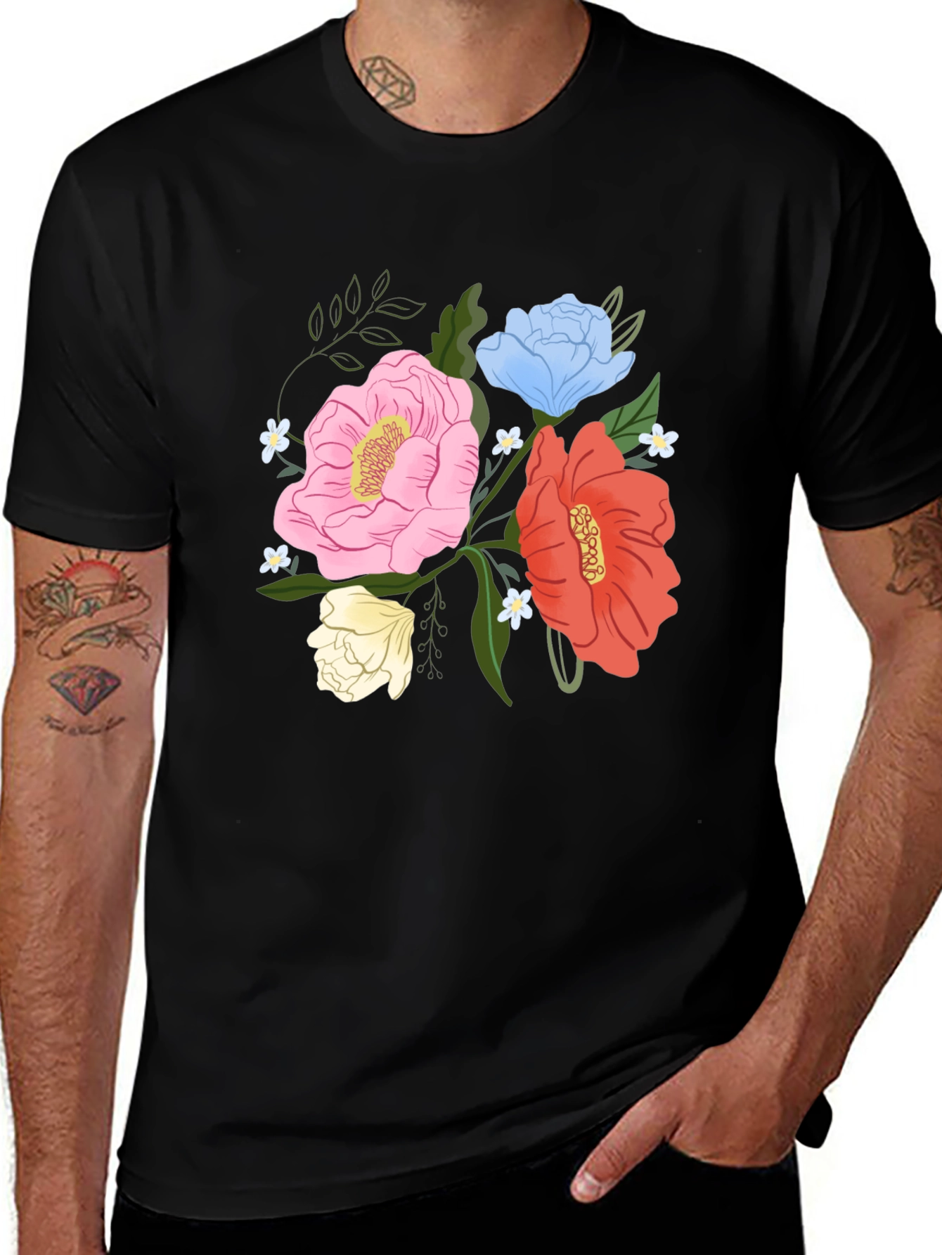 Floral Graphic Mens Black T-Shirt