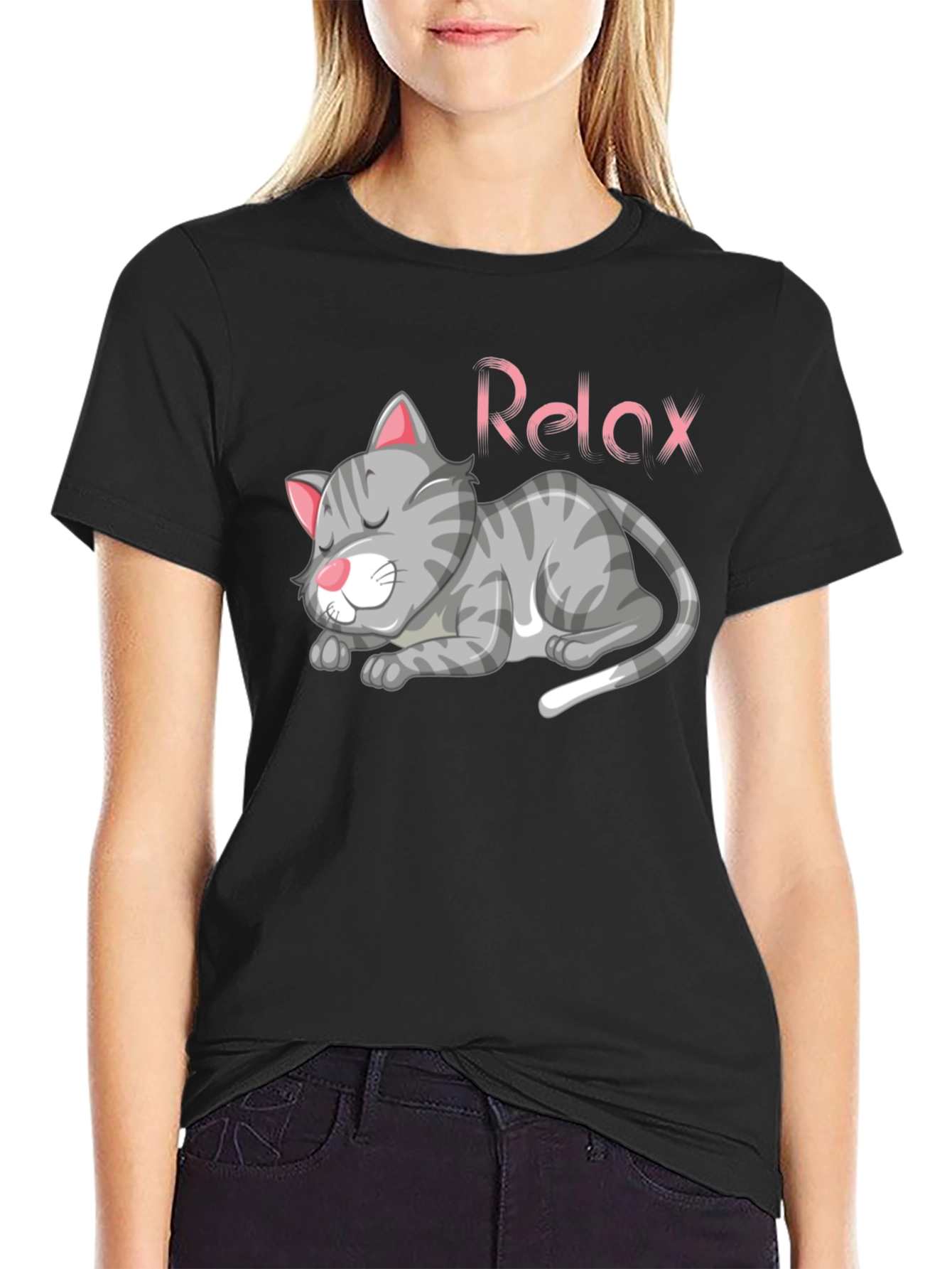 Relaxed Cat Graphic Tee - Black Casual T-Shirt