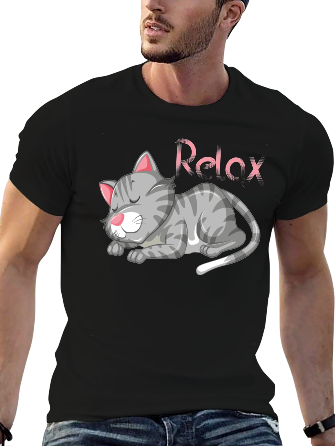 Relaxed Cat Graphic Tee - Black Casual T-Shirt