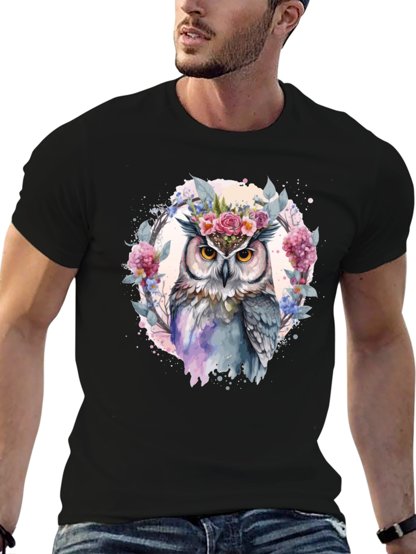 Floral Owl Graphic Tee - Mens Black T-Shirt