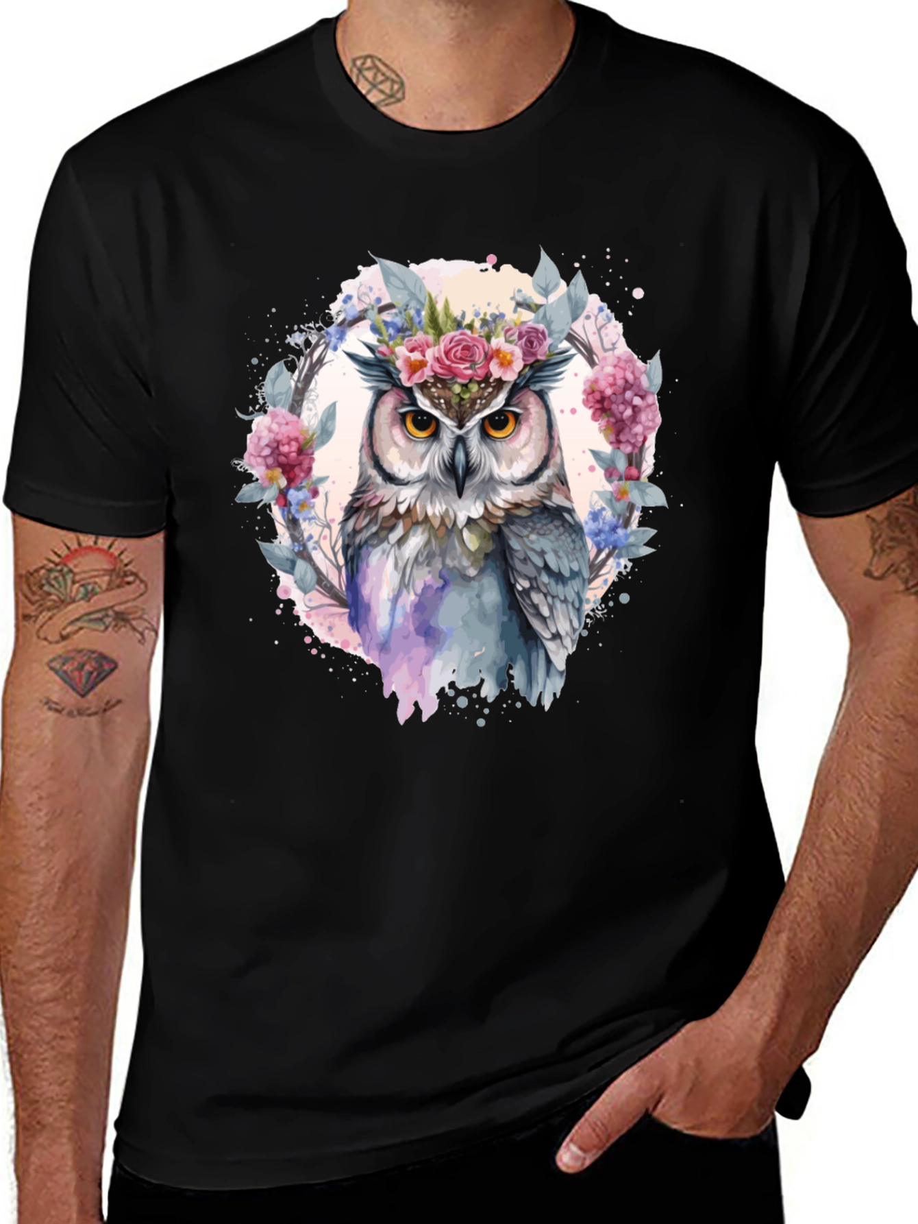 Floral Owl Graphic Tee - Mens Black T-Shirt