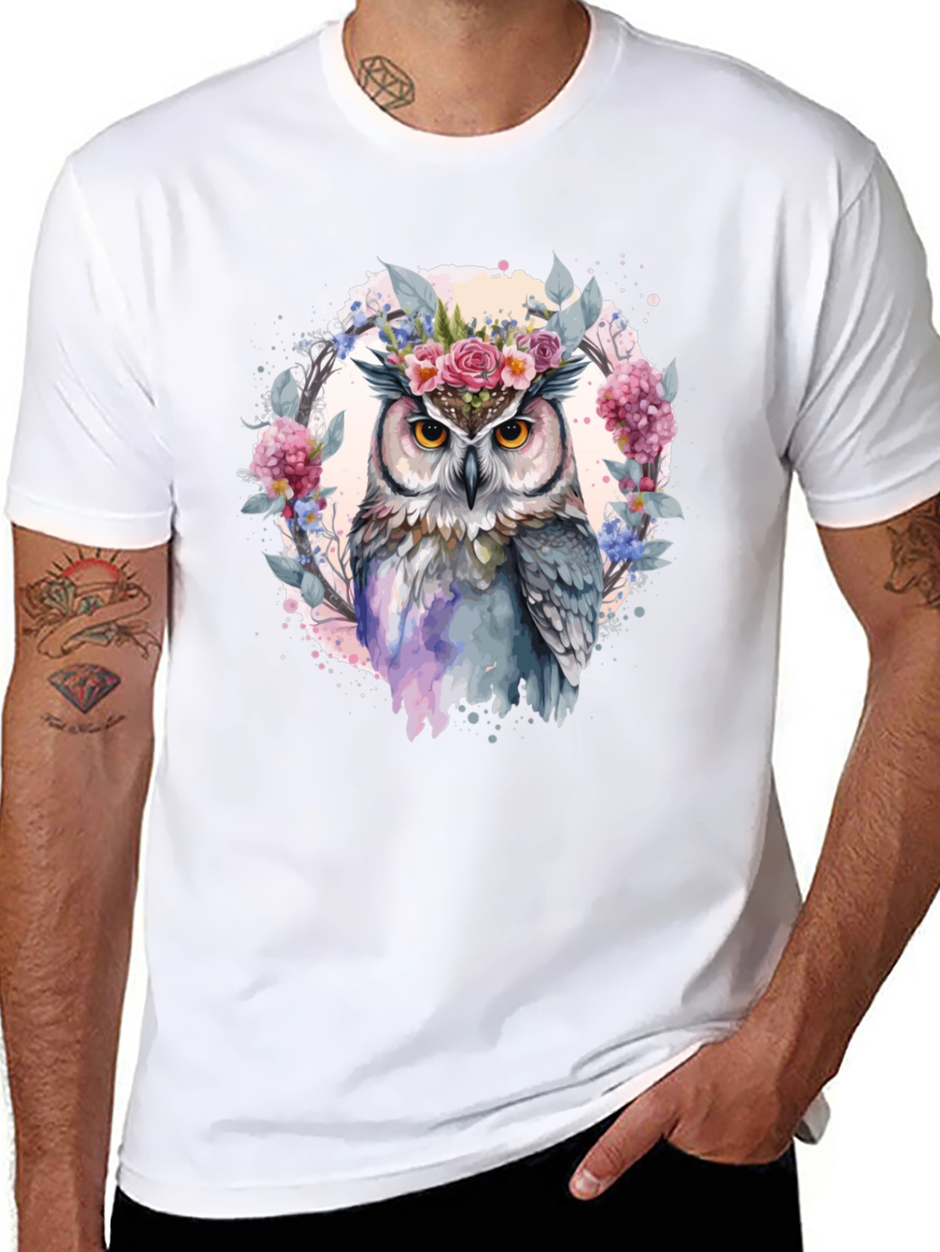 Floral Owl Graphic Tee - Mens Black T-Shirt