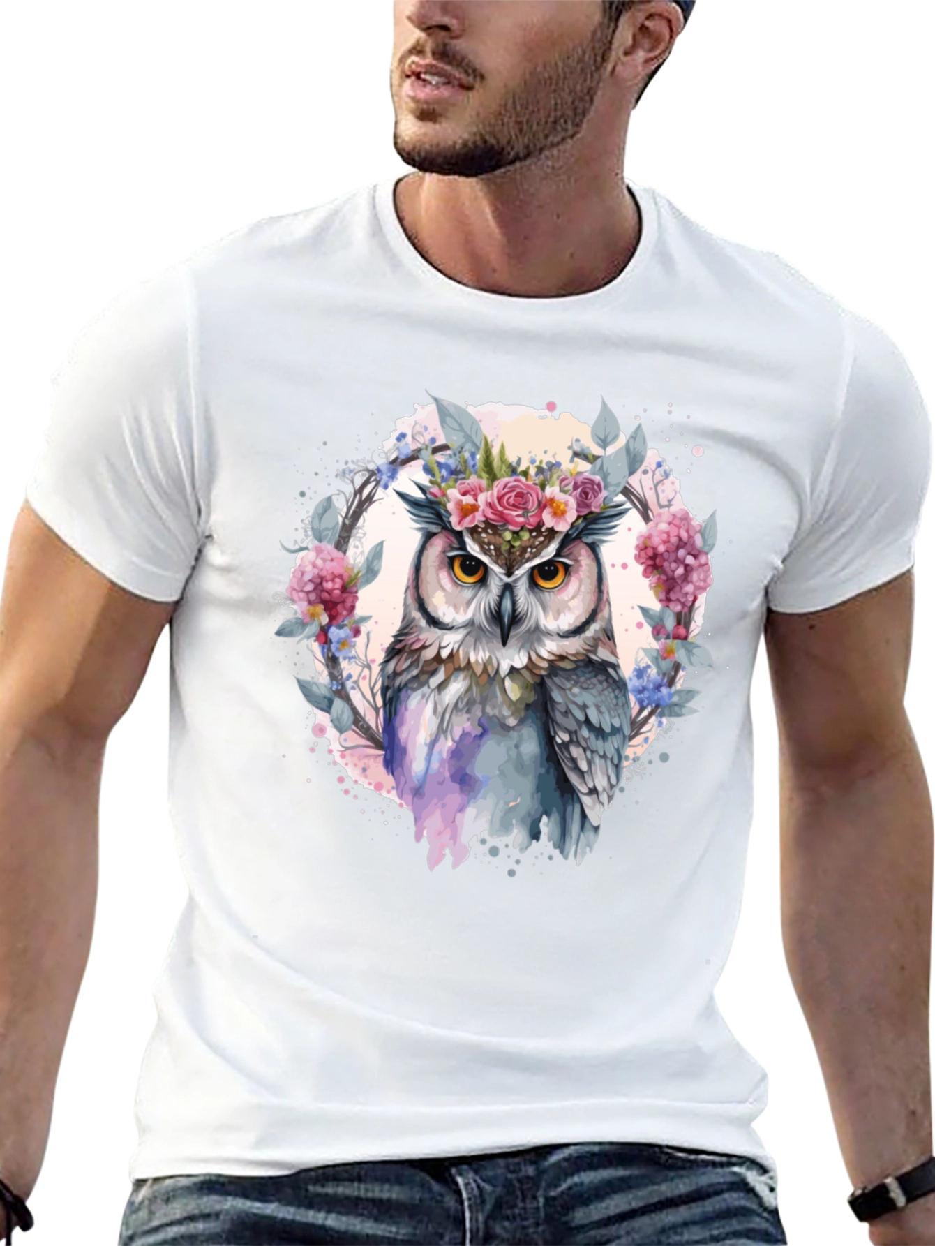 Floral Owl Graphic Tee - Mens Black T-Shirt