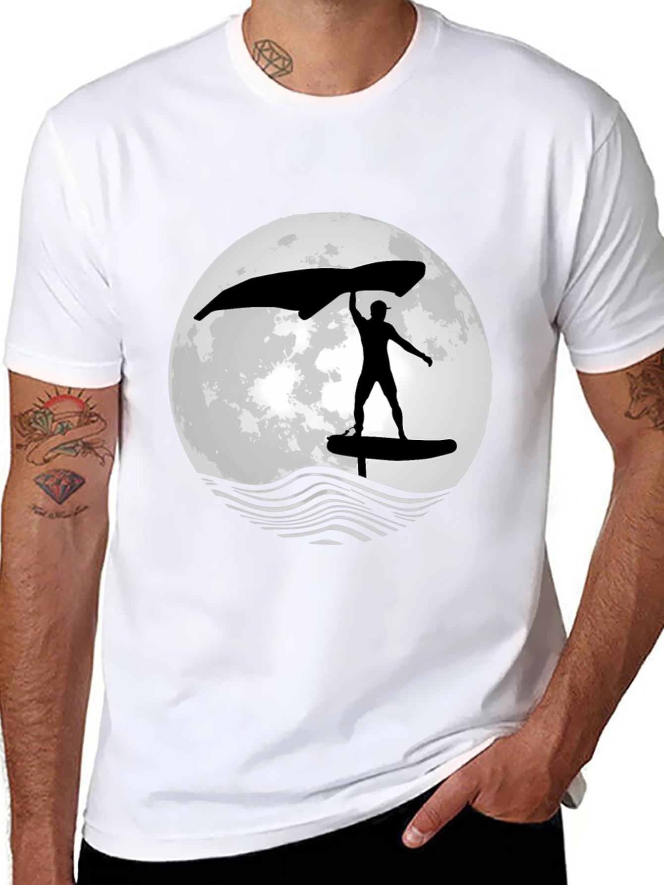 Wing Foiling T-Shirt - Moon Graphic - Black