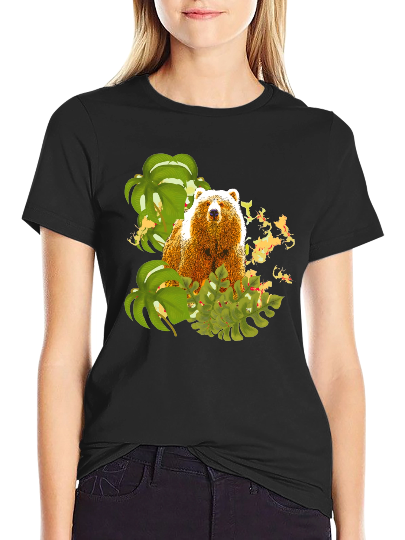 Bear and Tropical Leaves Graphic Tee