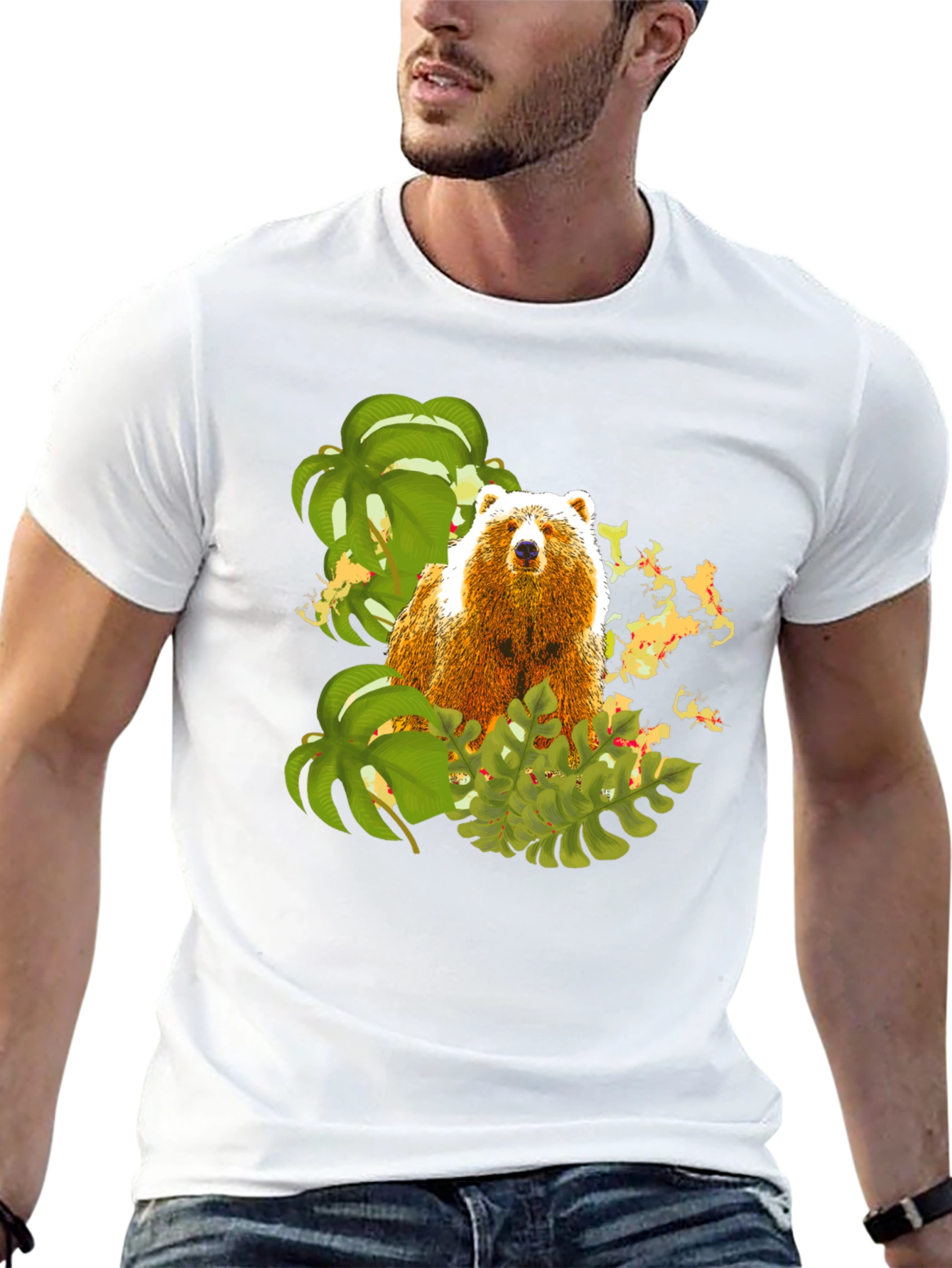 Bear and Tropical Leaves Graphic Tee