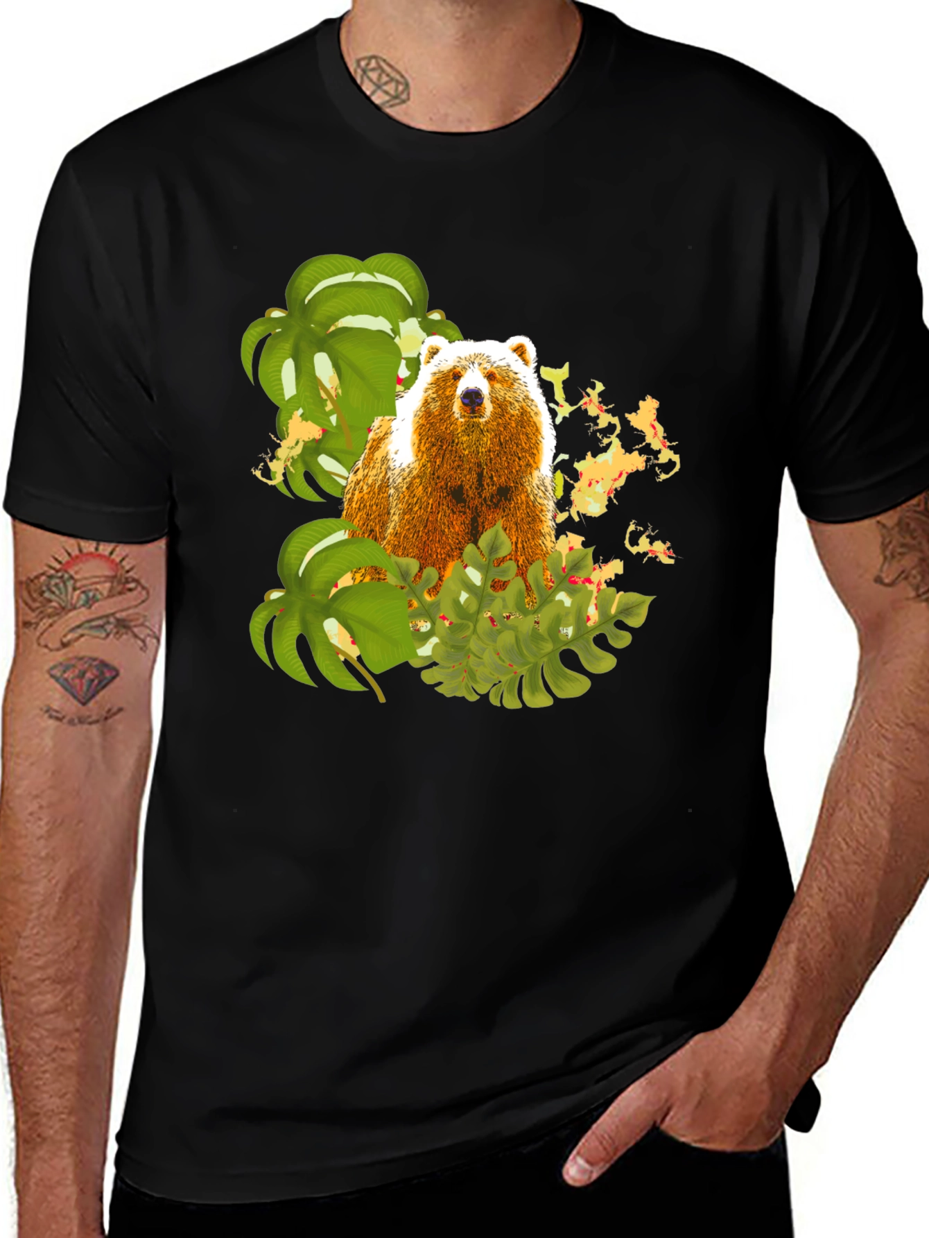 Bear and Tropical Leaves Graphic Tee