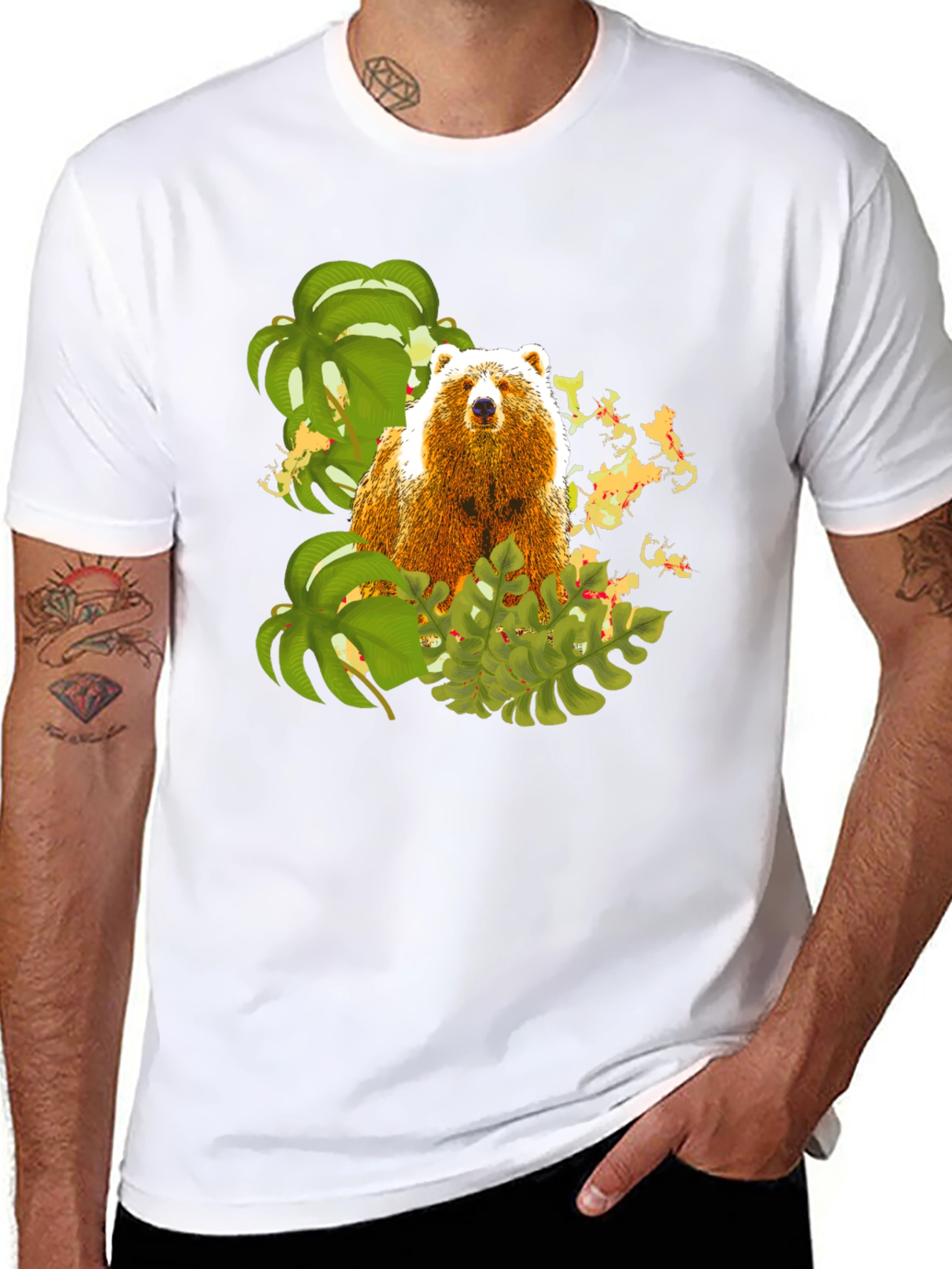 Bear and Tropical Leaves Graphic Tee