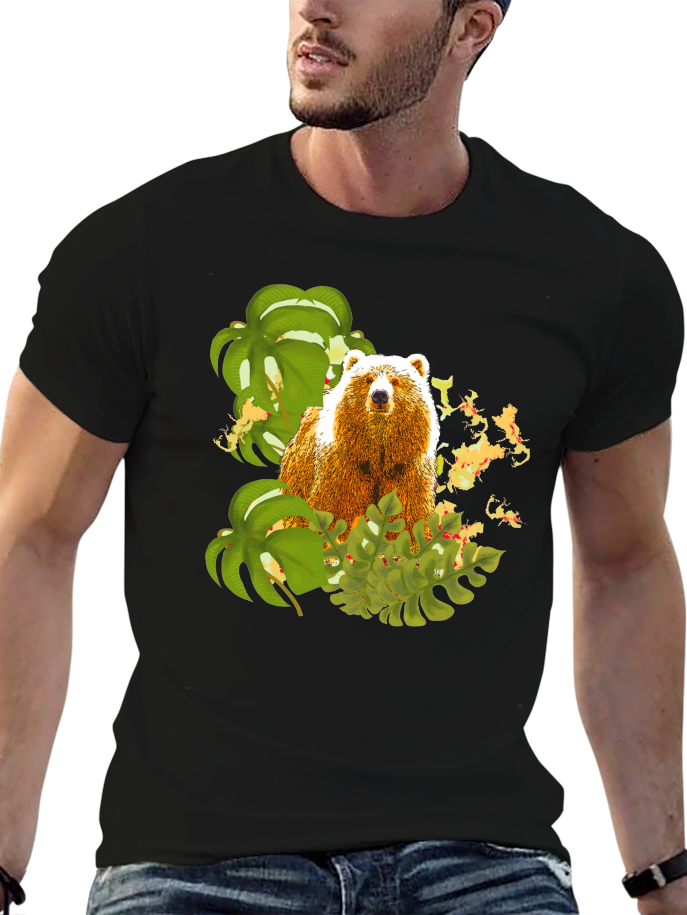 Bear and Tropical Leaves Graphic Tee