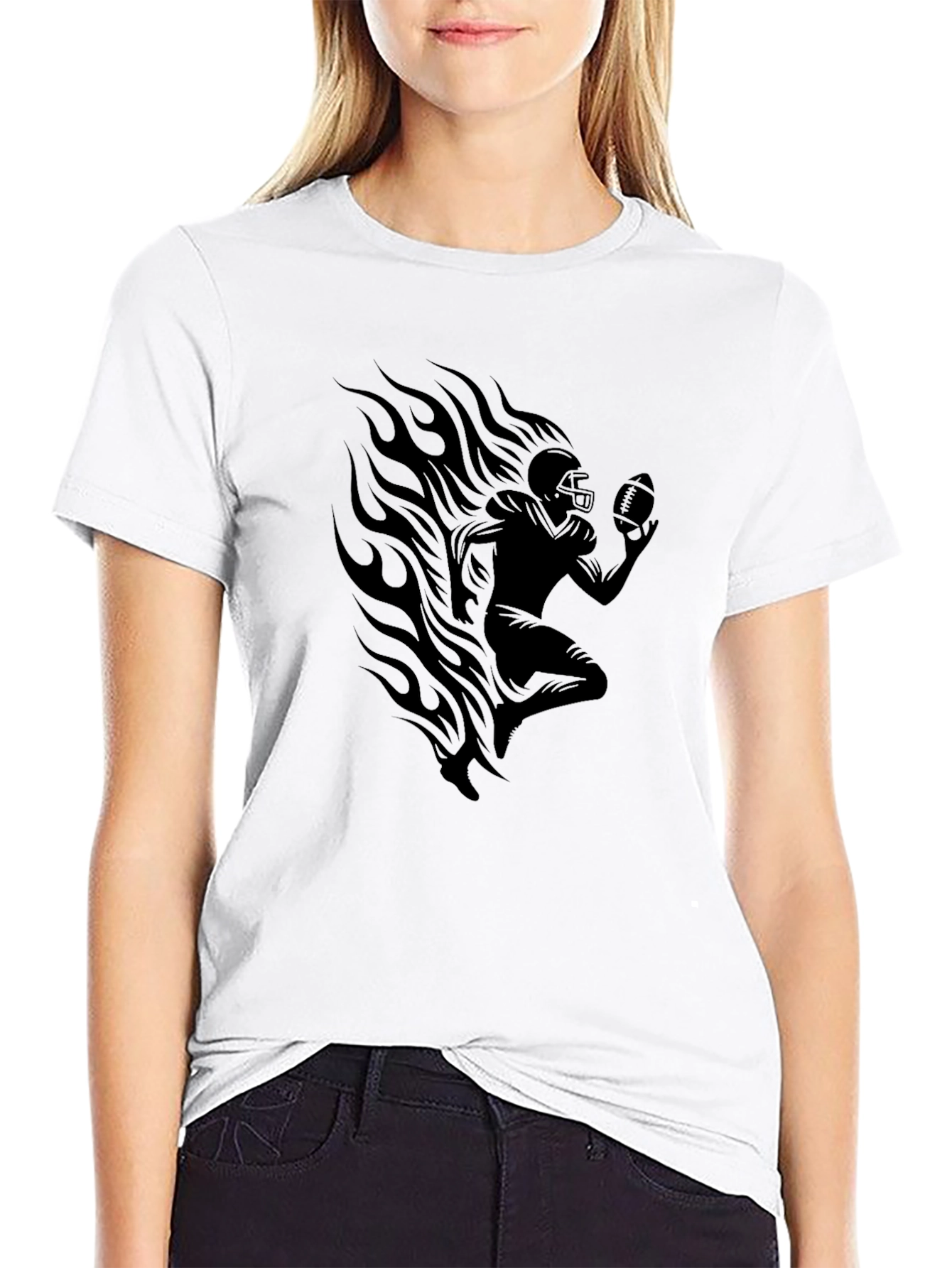 Football Player Flames Graphic T-Shirt - Black
