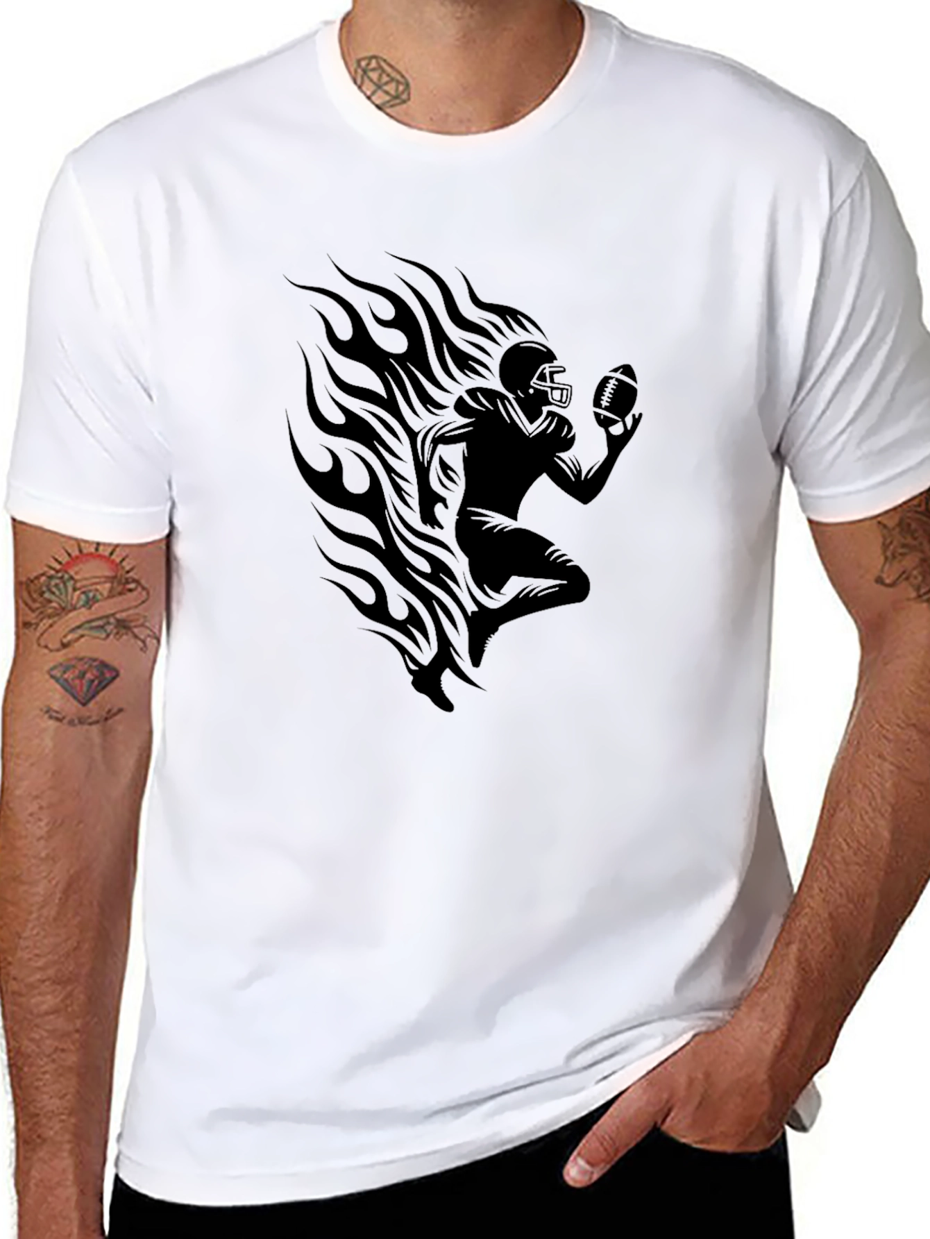 Football Player Flames Graphic T-Shirt - Black