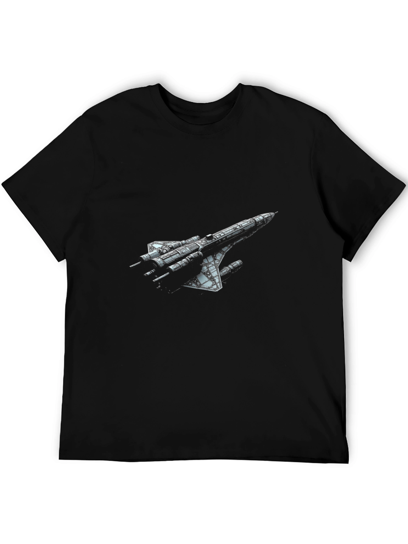 Sci-Fi Spaceship Graphic T-Shirt - Black Crew Neck Tee