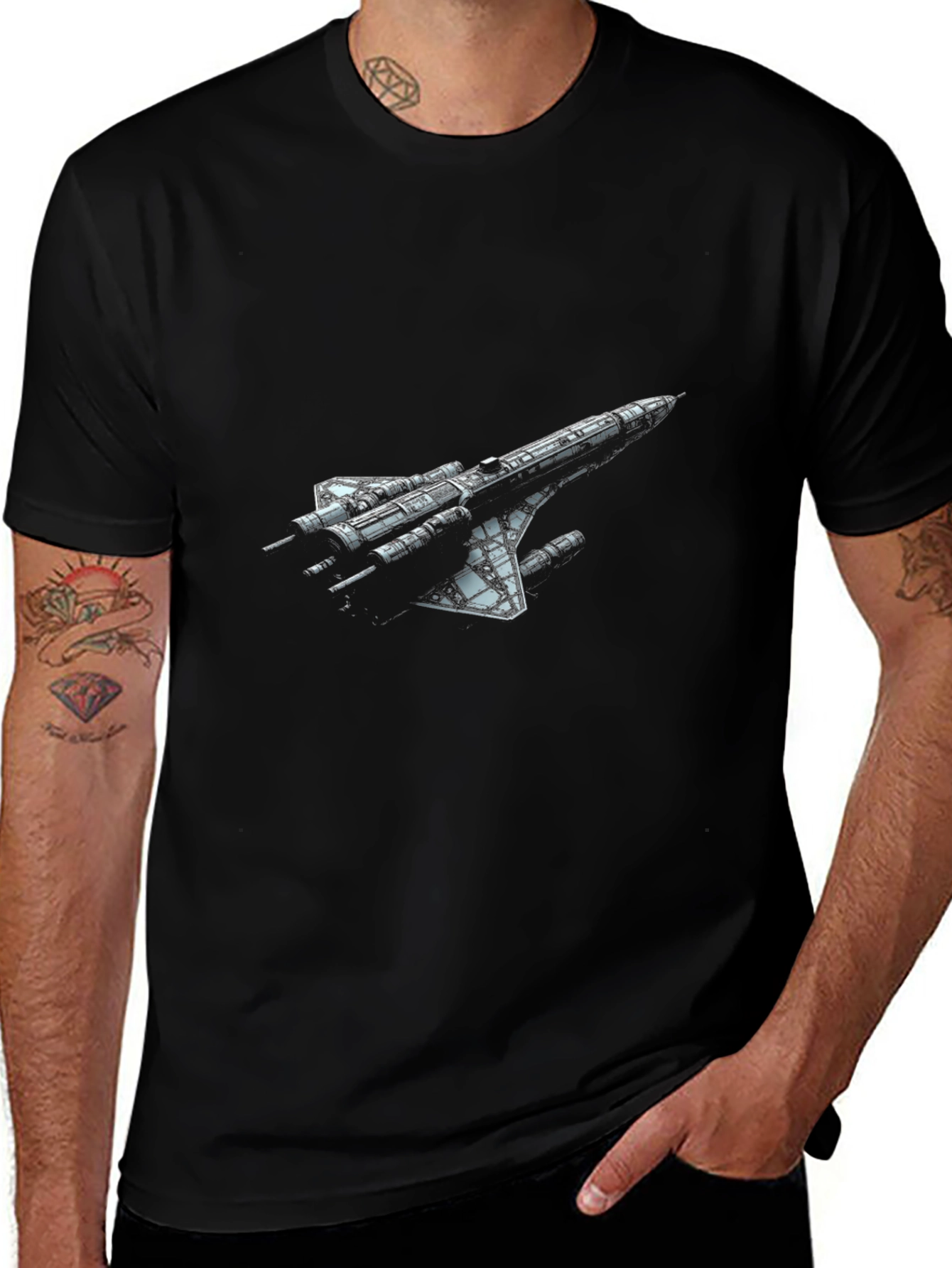 Sci-Fi Spaceship Graphic T-Shirt - Black Crew Neck Tee