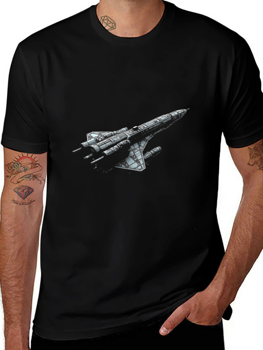 Sci-Fi Spaceship Graphic T-Shirt - Black Crew Neck Tee