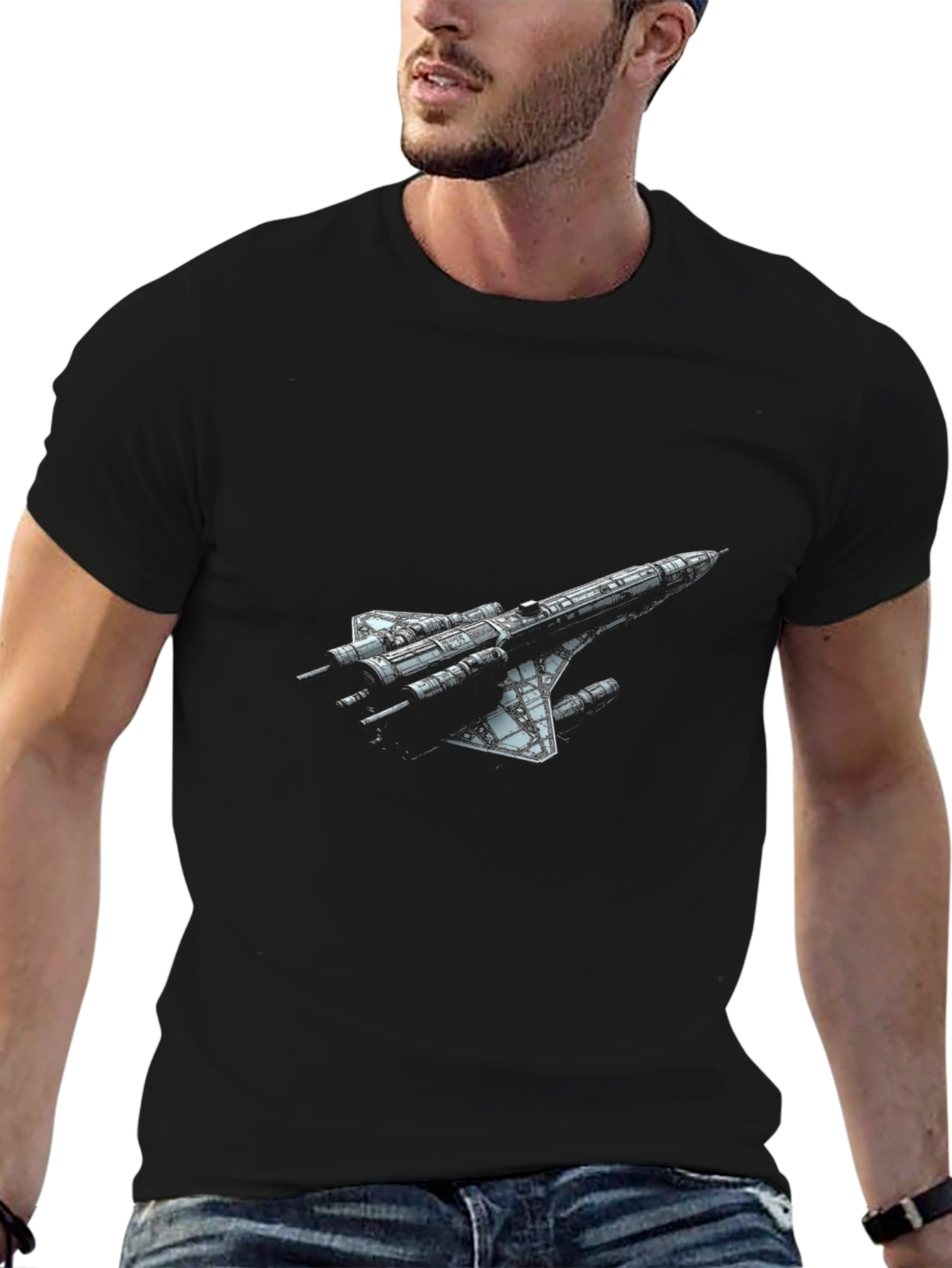 Sci-Fi Spaceship Graphic T-Shirt - Black Crew Neck Tee